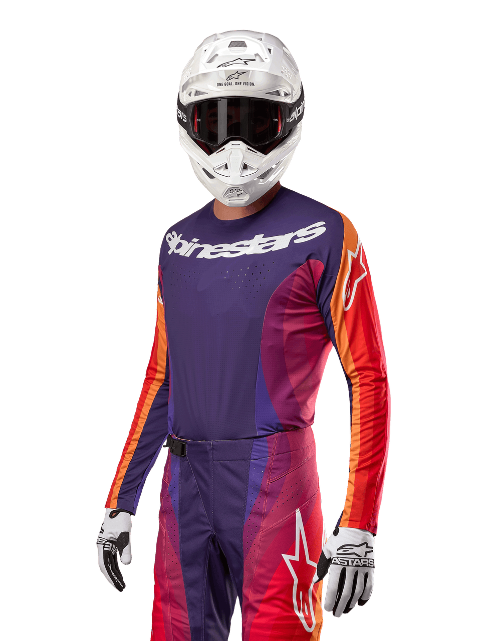 Alpinestars 2024 Techstar Pneuma Jersey, jersey de motocross, morado, rojo y naranja, con guantes blancos y negros, casco blanco con visor, equipo completo de protección para todoterreno