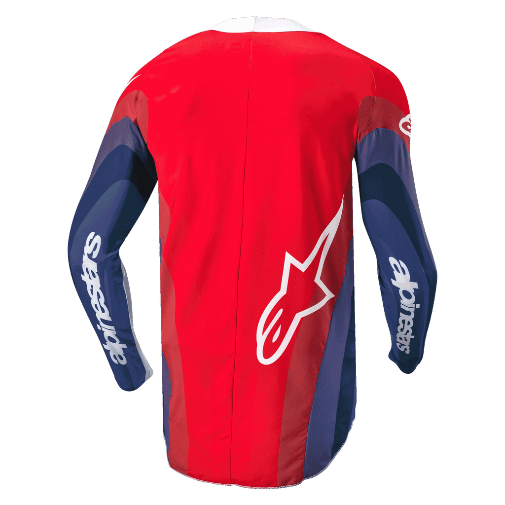 Alpinestars 2024 Techstar Pneuma Jersey, jersey de motocross, rojo, azul y blanco, vista trasera que muestra gráficos ondulados en las mangas, marca Alpinestars blanca en los brazos y logotipo Astar en la parte inferior de la espalda, diseño ergonómico para conducción todoterreno