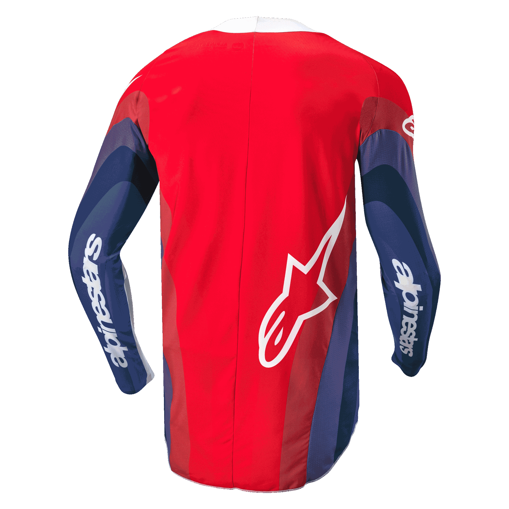 Alpinestars 2024 Techstar Pneuma Jersey, jersey de motocross, rojo, azul y blanco, vista trasera que muestra gráficos ondulados en las mangas, marca Alpinestars blanca en los brazos y logotipo Astar en la parte inferior de la espalda, diseño ergonómico para conducción todoterreno