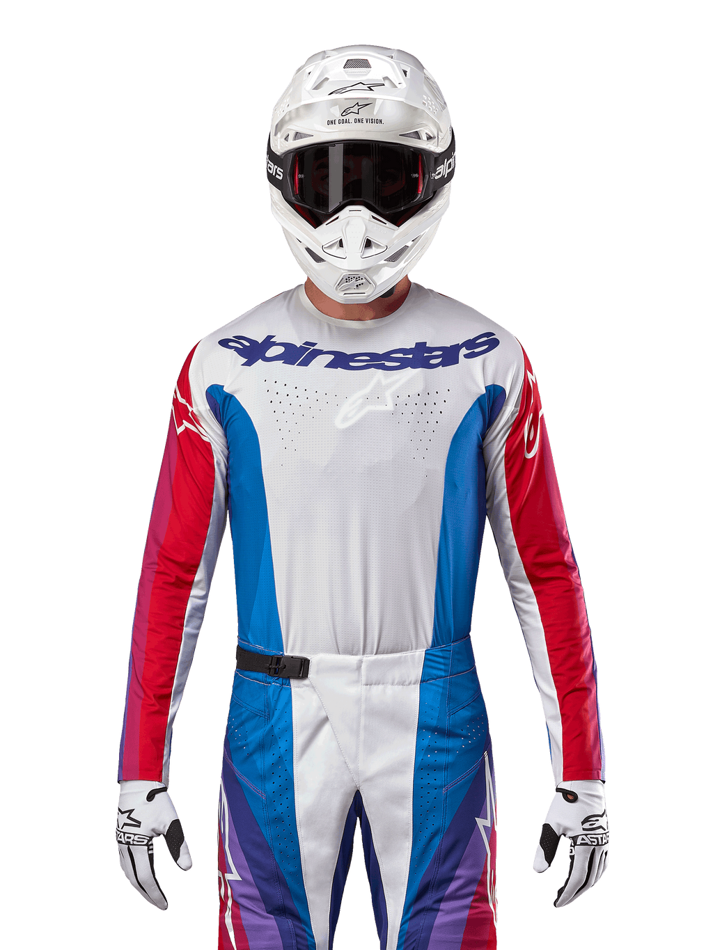 Alpinestars 2024 Techstar Pneuma Jersey, jersey de motocross, azul, rojo Mars y blanco, vista frontal usado por un piloto con casco y guantes blancos, con perforaciones cortadas con láser en el pecho y logotipos llamativos, indumentaria deportiva de carreras para todoterreno