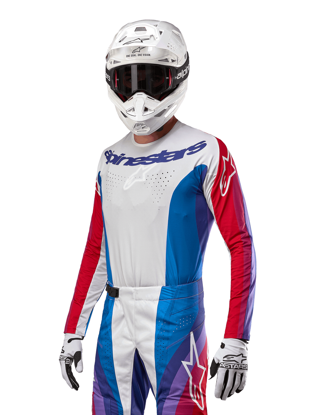 Alpinestars Techstar Pneuma Jersey 2024, jersey de motocross, azul Mars, rojo y blanco con acentos morados, ajuste atlético de carrera, equipamiento de alto rendimiento de manga larga usado con casco y guantes blancos