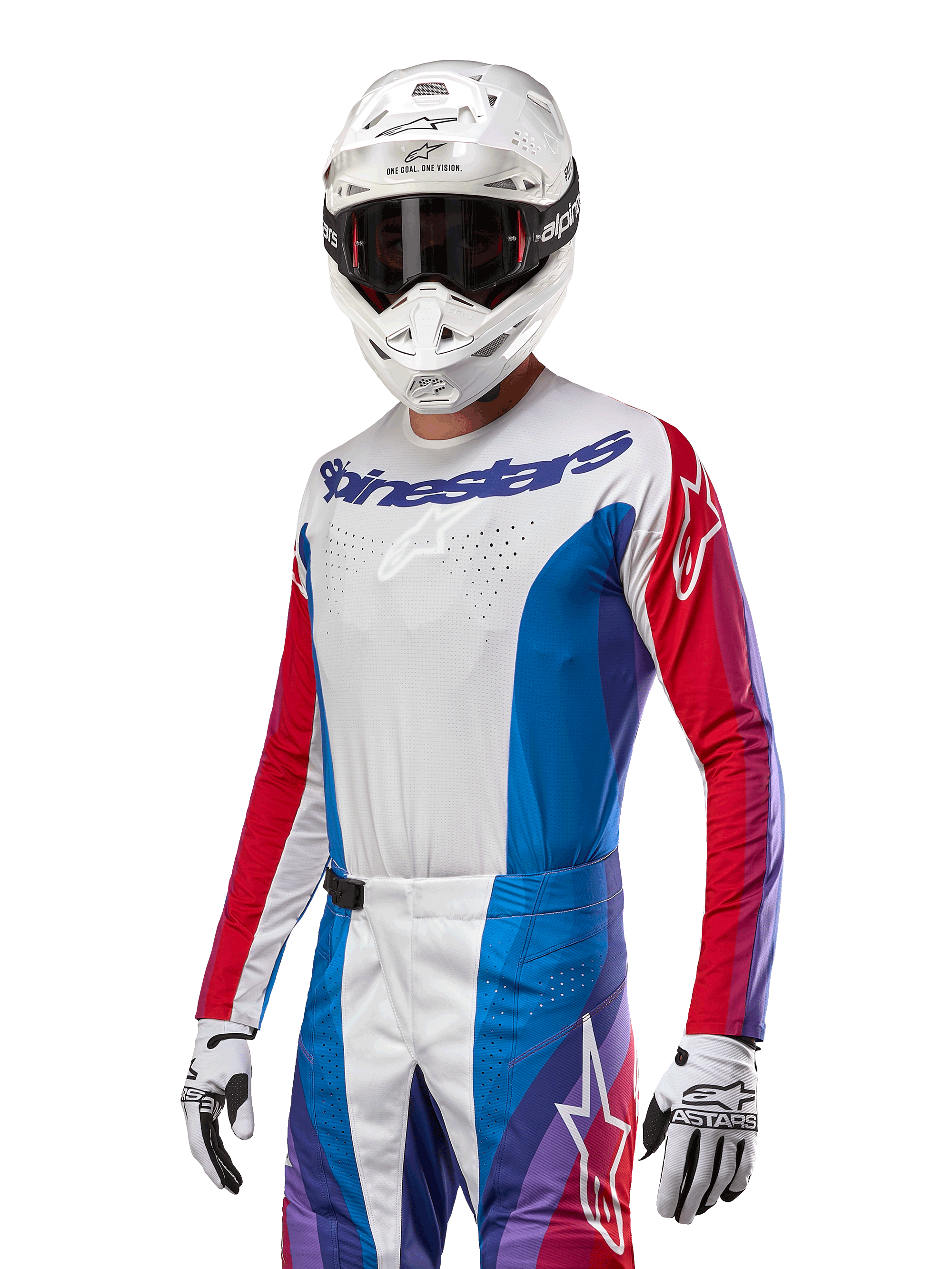 Alpinestars 2024 Techstar Pneuma Jersey, Motocross Jersey, Blue Mars Red and White with purple accents, athletic race fit, long sleeve performance gear worn with white helmet and gloves