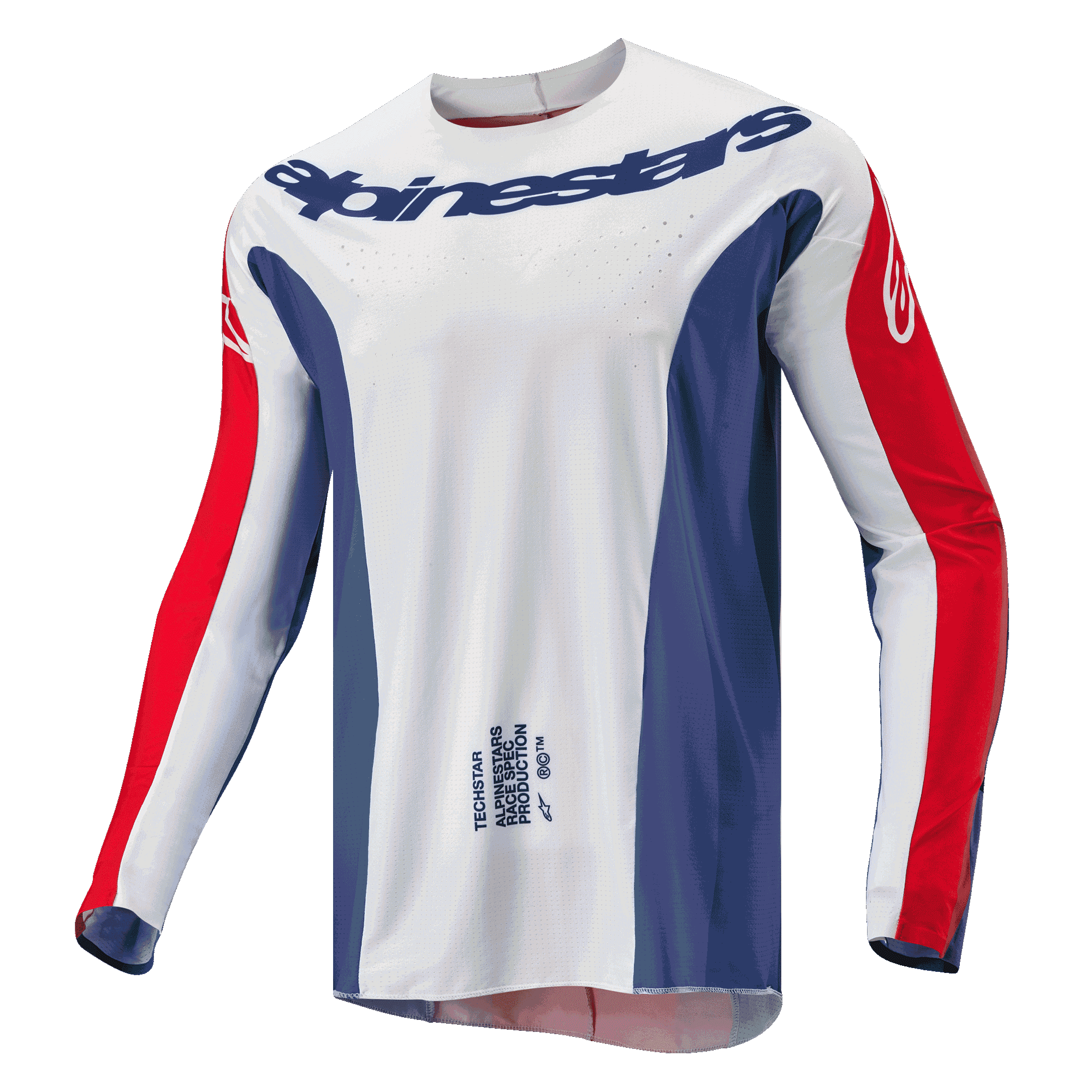 Alpinestars 2024 Techstar Pneuma Jersey, jersey de motocross, azul, rojo Marte y blanco, cuerpo principal blanco con paneles laterales azules y detalles rojos en las mangas, logotipo de Alpinestars en el pecho, ajuste atlético de carrera ligero para competiciones todoterreno