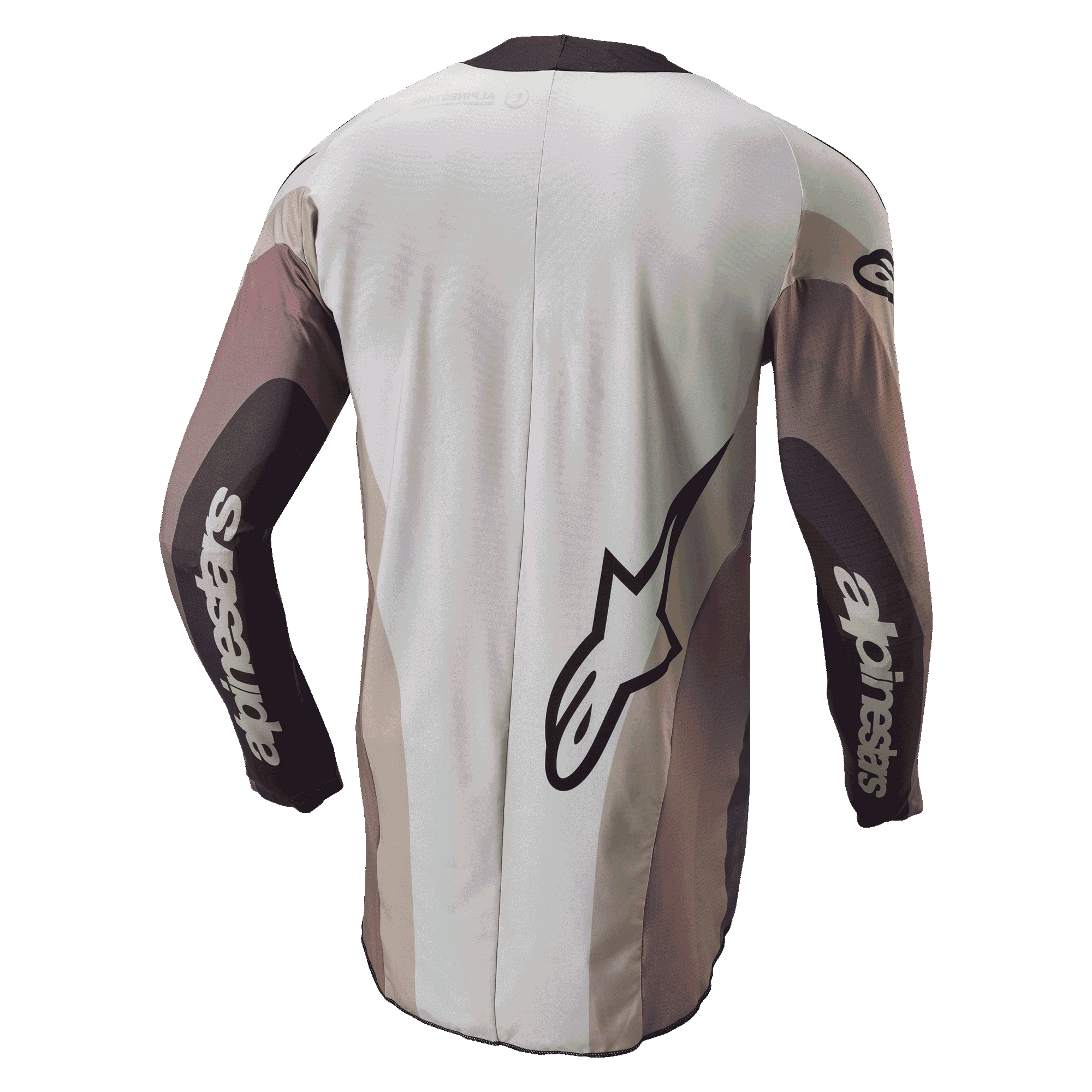 Alpinestars Techstar Pneuma Jersey 2024, jersey de motocross, vista trasera en color Dark Sand Iron Dust Gray, con un gran logotipo de Alpinestars y marca en las mangas, ajuste atlético con paneles de bloques de color y parte trasera extendida para mayor cobertura.