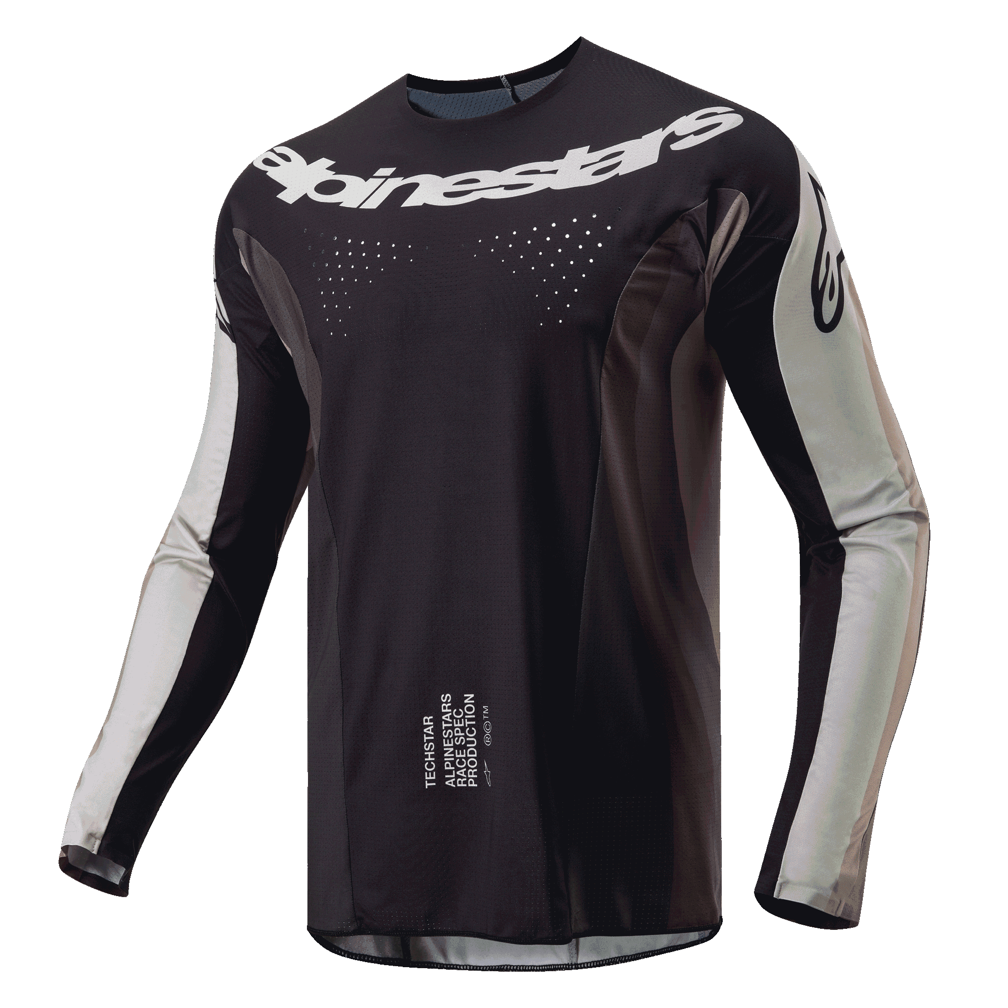 Alpinestars 2024 Techstar Pneuma Jersey, jersey de motocross, arena oscura y gris Iron Dust, cuerpo principal negro con paneles de las mangas en gris claro, logotipo de Alpinestars blanco en el pecho, perforaciones de ventilación cortadas con láser, equipamiento de alto rendimiento para conducción off-road