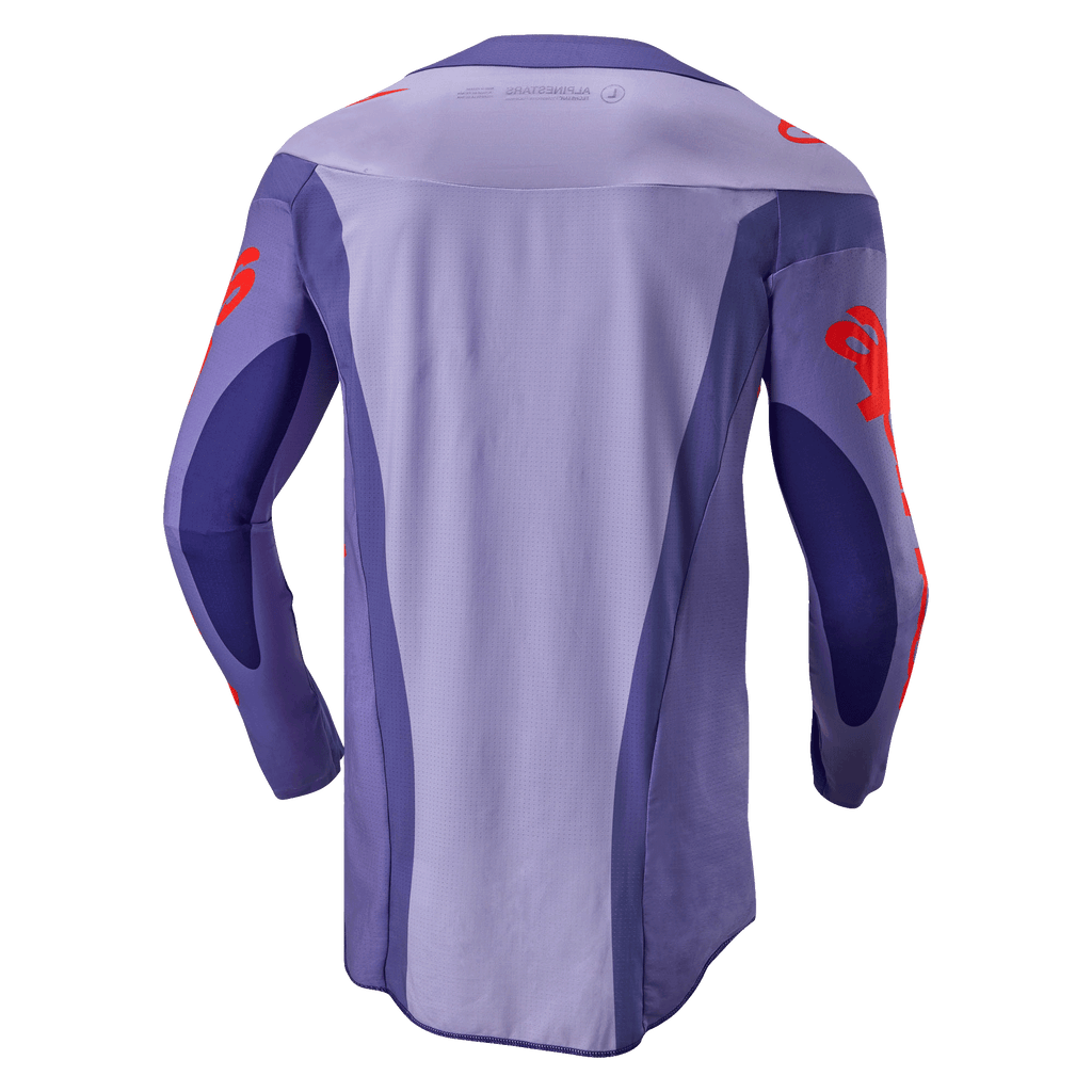 Alpinestars 2024 Techstar Ocuri Jersey, jersey de motocross, púrpura y naranja intenso, vista trasera con diseño púrpura de múltiples paneles, gráficos de logotipo naranja en mangas y hombros, parte trasera extendida para rendimiento en carreras todoterreno