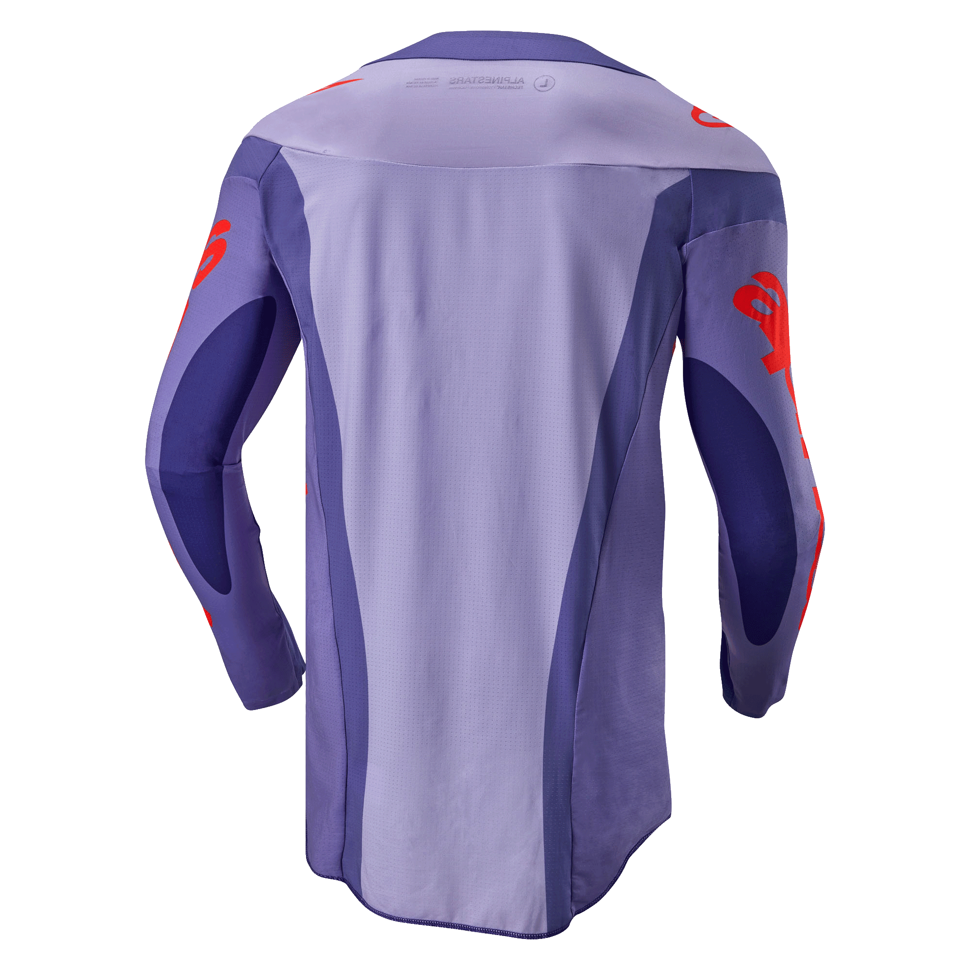 Alpinestars 2024 Techstar Ocuri Jersey, jersey de motocross, púrpura y naranja intenso, vista trasera con diseño púrpura de múltiples paneles, gráficos de logotipo naranja en mangas y hombros, parte trasera extendida para rendimiento en carreras todoterreno