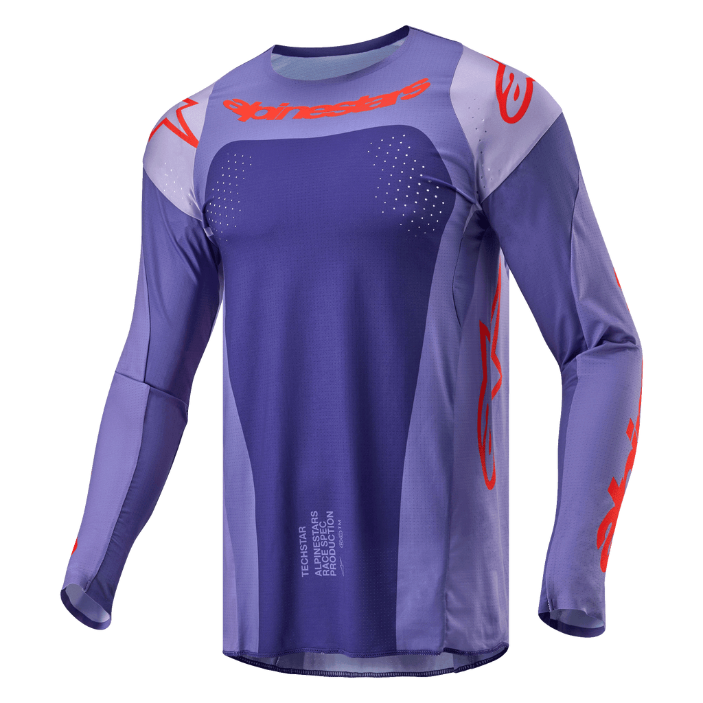 Alpinestars 2024 Techstar Ocuri Jersey, jersey de motocross, morado y naranja intenso, ajuste deportivo de manga larga con perforaciones cortadas con láser, logotipos en naranja llamativo en el pecho y las mangas, tejido de poliéster que absorbe la humedad para carreras fuera de pista