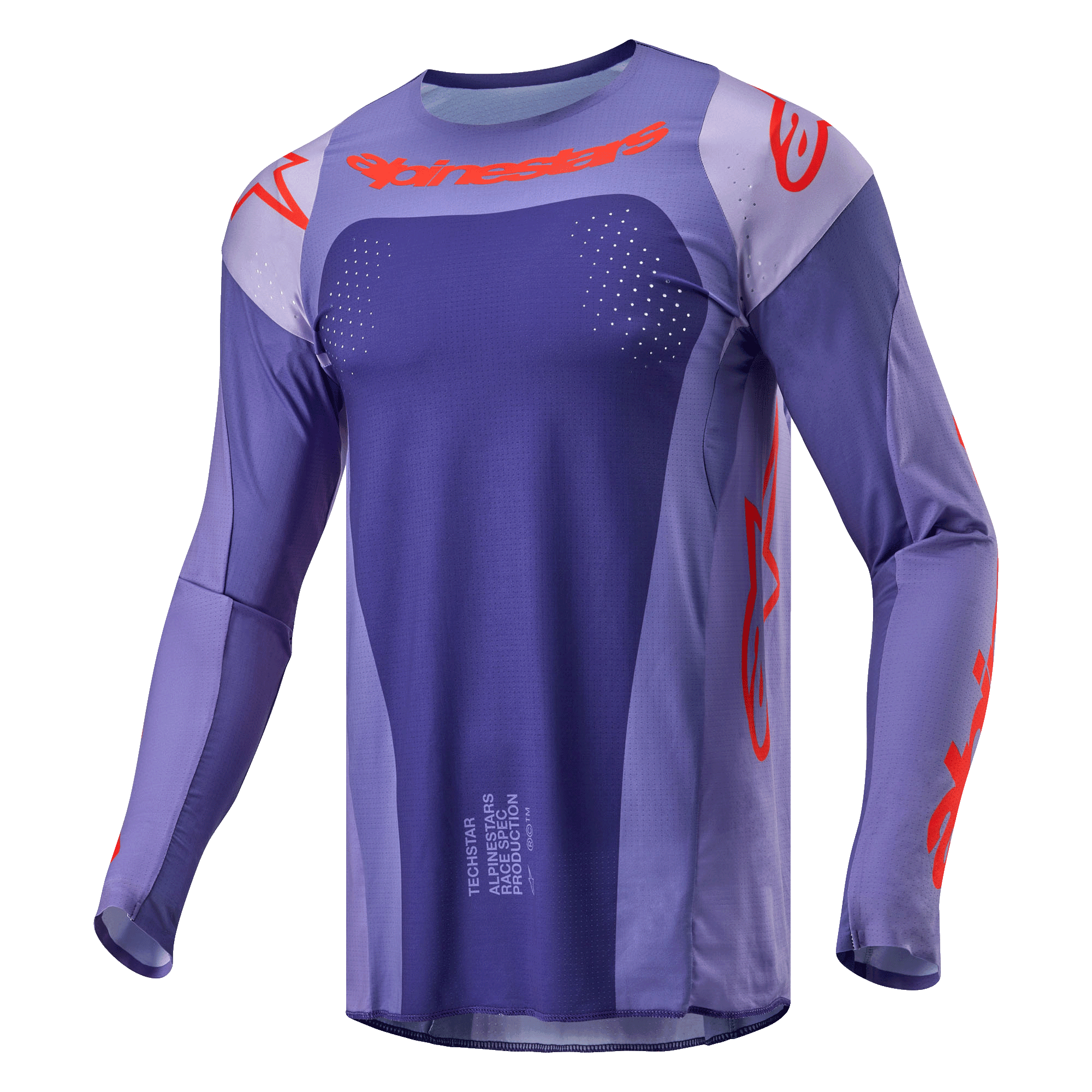Alpinestars 2024 Techstar Ocuri Jersey, jersey de motocross, morado y naranja intenso, ajuste deportivo de manga larga con perforaciones cortadas con láser, logotipos en naranja llamativo en el pecho y las mangas, tejido de poliéster que absorbe la humedad para carreras fuera de pista