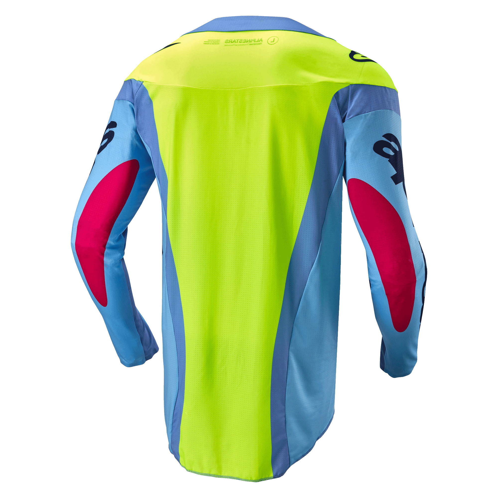 Alpinestars Techstar Ocuri Jersey 2024, jersey de motocross, azul claro, amarillo flúor y rojo baya, vista trasera con panel posterior amarillo neón brillante, mangas azul claro con detalles en rojo baya y ajuste atlético ergonómico para rendimiento todoterreno