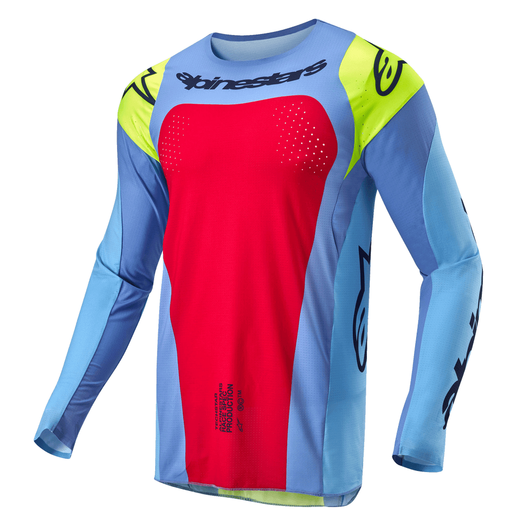 Alpinestars Techstar Ocuri Jersey 2024, jersey de motocross, azul claro con detalles en rojo berry y amarillo flúor, con logotipos negros y perforaciones cortadas con láser para ventilación, ajuste atlético de carrera para rendimiento fuera de carretera