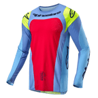 Alpinestars Techstar Ocuri Jersey 2024, jersey de motocross, azul claro con detalles en rojo berry y amarillo flúor, con logotipos negros y perforaciones cortadas con láser para ventilación, ajuste atlético de carrera para rendimiento fuera de carretera