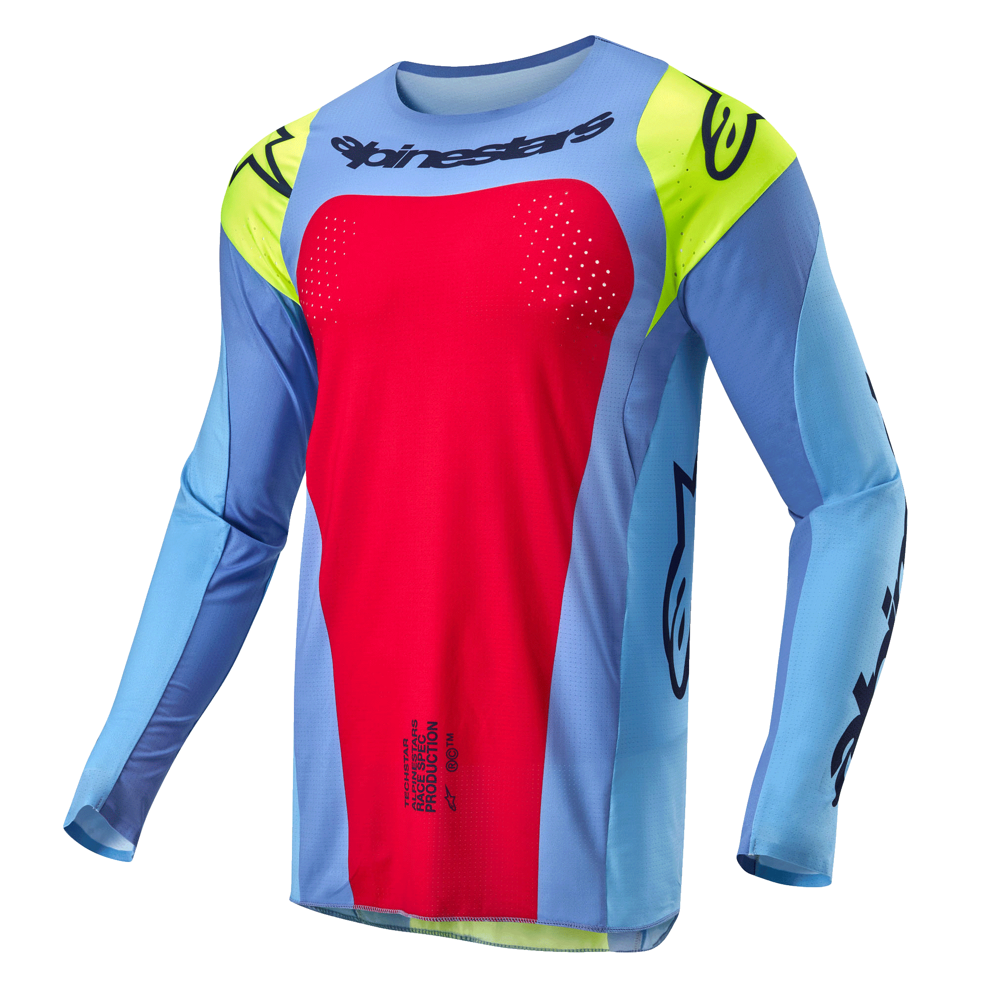 Alpinestars Techstar Ocuri Jersey 2024, jersey de motocross, azul claro con detalles en rojo berry y amarillo flúor, con logotipos negros y perforaciones cortadas con láser para ventilación, ajuste atlético de carrera para rendimiento fuera de carretera