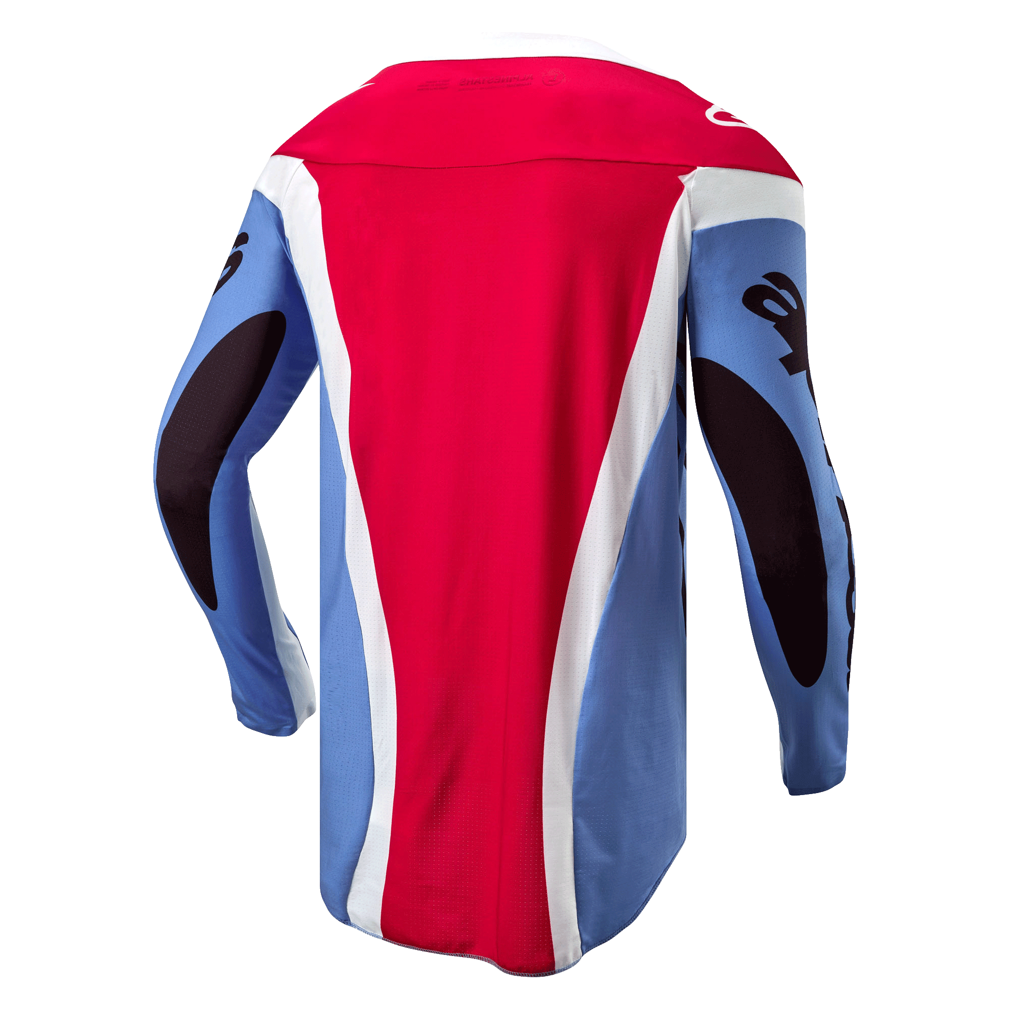 Jersey Alpinestars Techstar Ocuri 2024, jersey de motocross, azul claro, rojo Marte y blanco, vista trasera que muestra el ajuste atlético de competición, parte trasera extendida y gráficos negros en las mangas