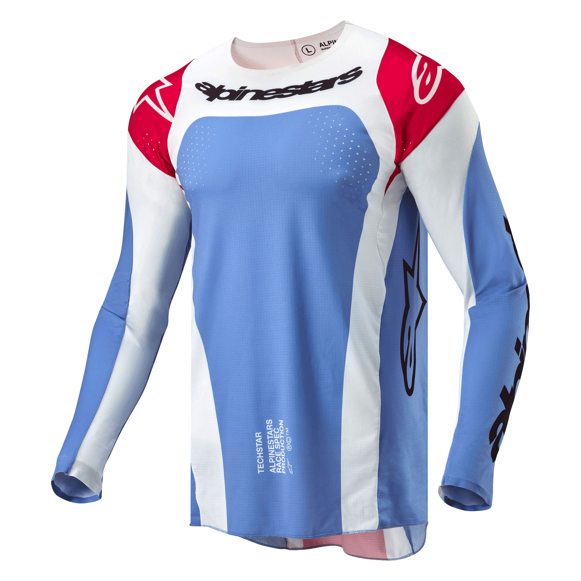 Alpinestars Techstar Ocuri Jersey 2024, jersey de motocross en azul claro, rojo Marte y blanco, con logotipo de Alpinestars negro en el pecho, hombros rojos con logotipos blancos y perforaciones cortadas con láser para ventilación