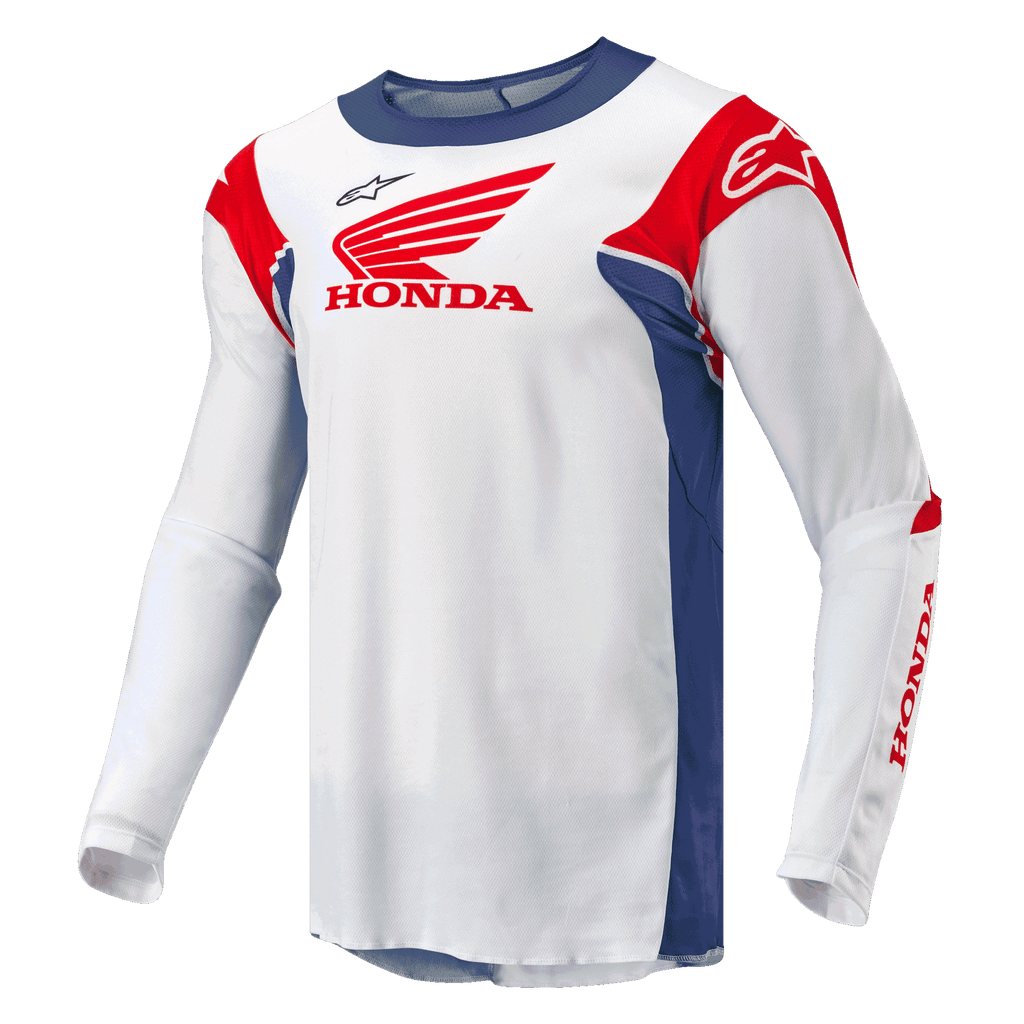 Alpinestars Honda Racer Iconic Jersey, motocross off-road jersey for men, white with bright blue and bright red accents, featuring moisture-wicking synthetic construction and official Honda branding