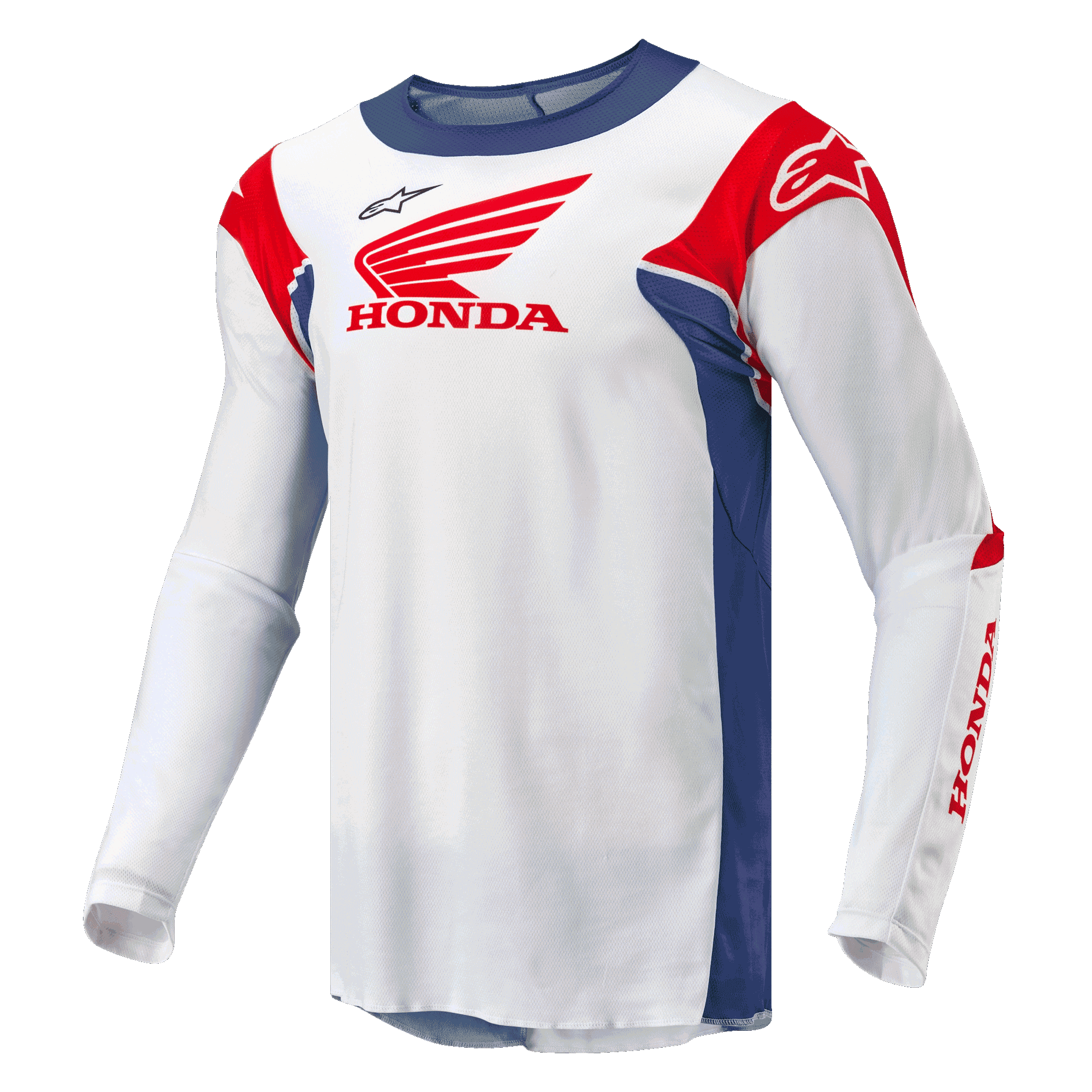 Alpinestars Honda Racer Iconic Jersey, motocross off-road jersey for men, white with bright blue and bright red accents, featuring moisture-wicking synthetic construction and official Honda branding