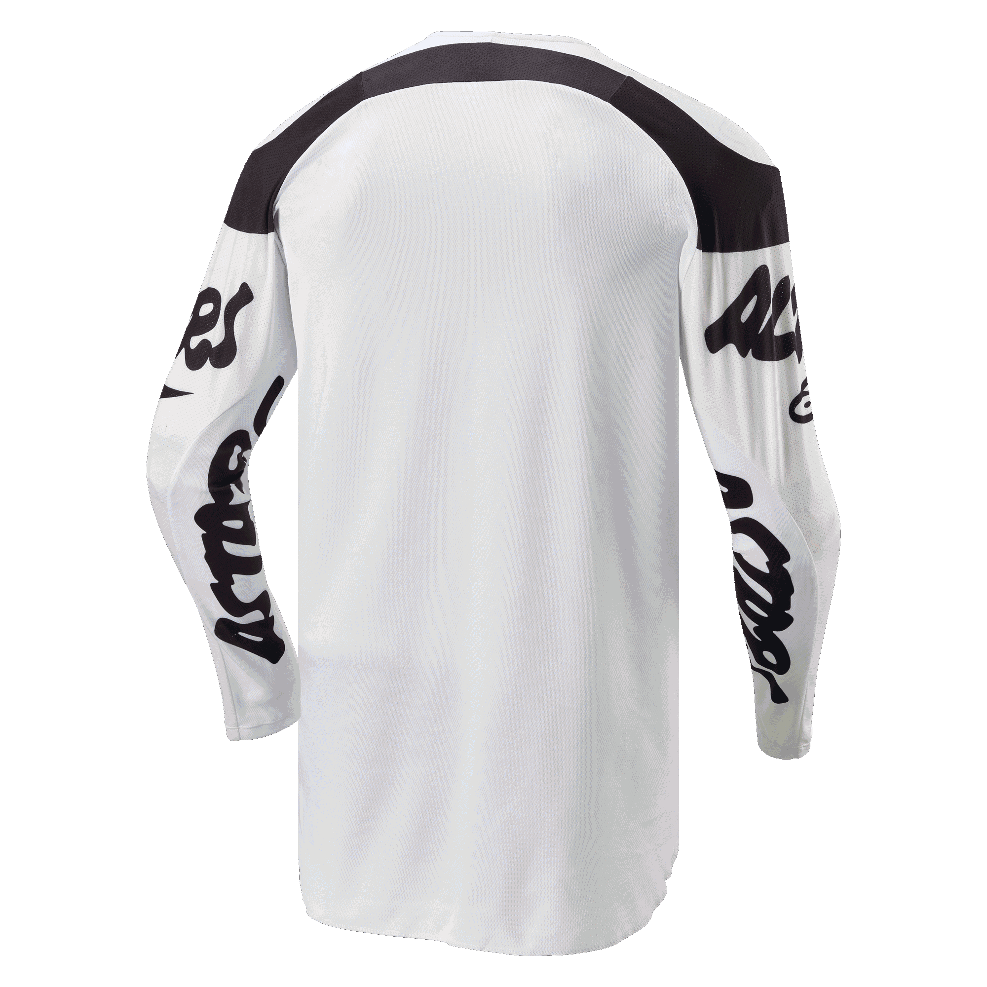 Alpinestars 2024 Racer Hana Jersey, jersey de motocross, blanco y negro, vista posterior con parte trasera alargada para mayor cobertura, paneles negros en los hombros y logotipos de texto negros en las mangas, tejido duradero que absorbe la humedad para rendimiento todoterreno