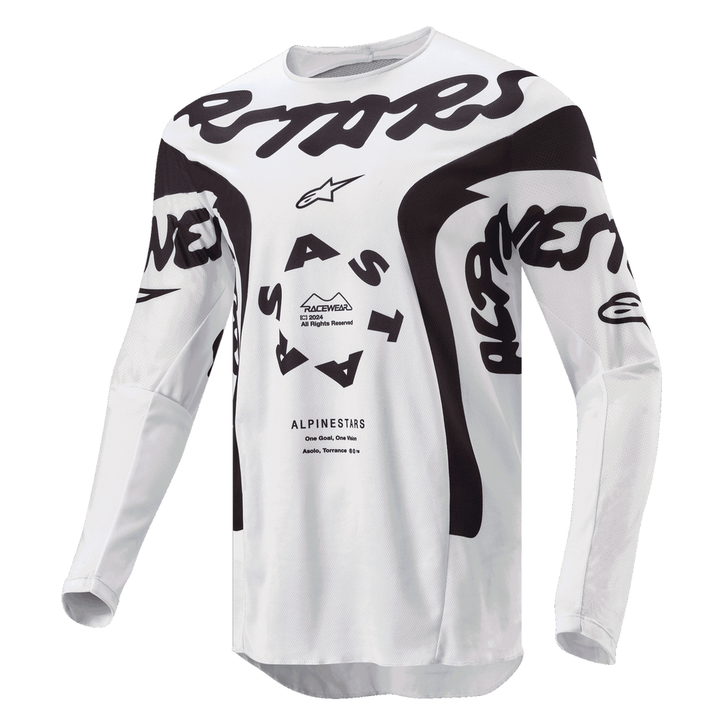 Alpinestars Racer Hana Jersey 2024, jersey de motocross, blanco y negro, con logotipo de Alpinestars en el pecho, logo circular ASTARS y paneles de malla técnica para rendimiento todoterreno