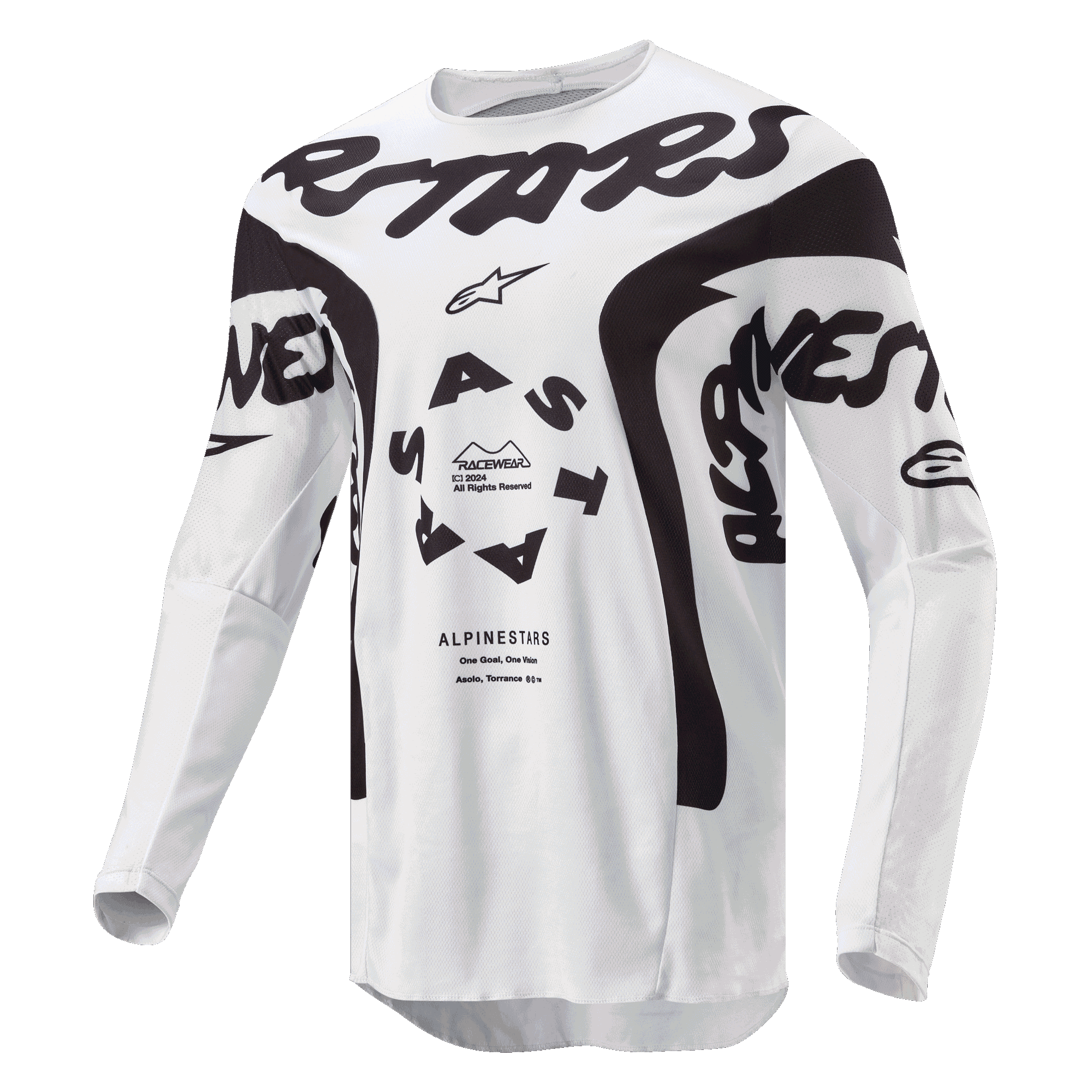 Alpinestars Racer Hana Jersey 2024, jersey de motocross, blanco y negro, con logotipo de Alpinestars en el pecho, logo circular ASTARS y paneles de malla técnica para rendimiento todoterreno