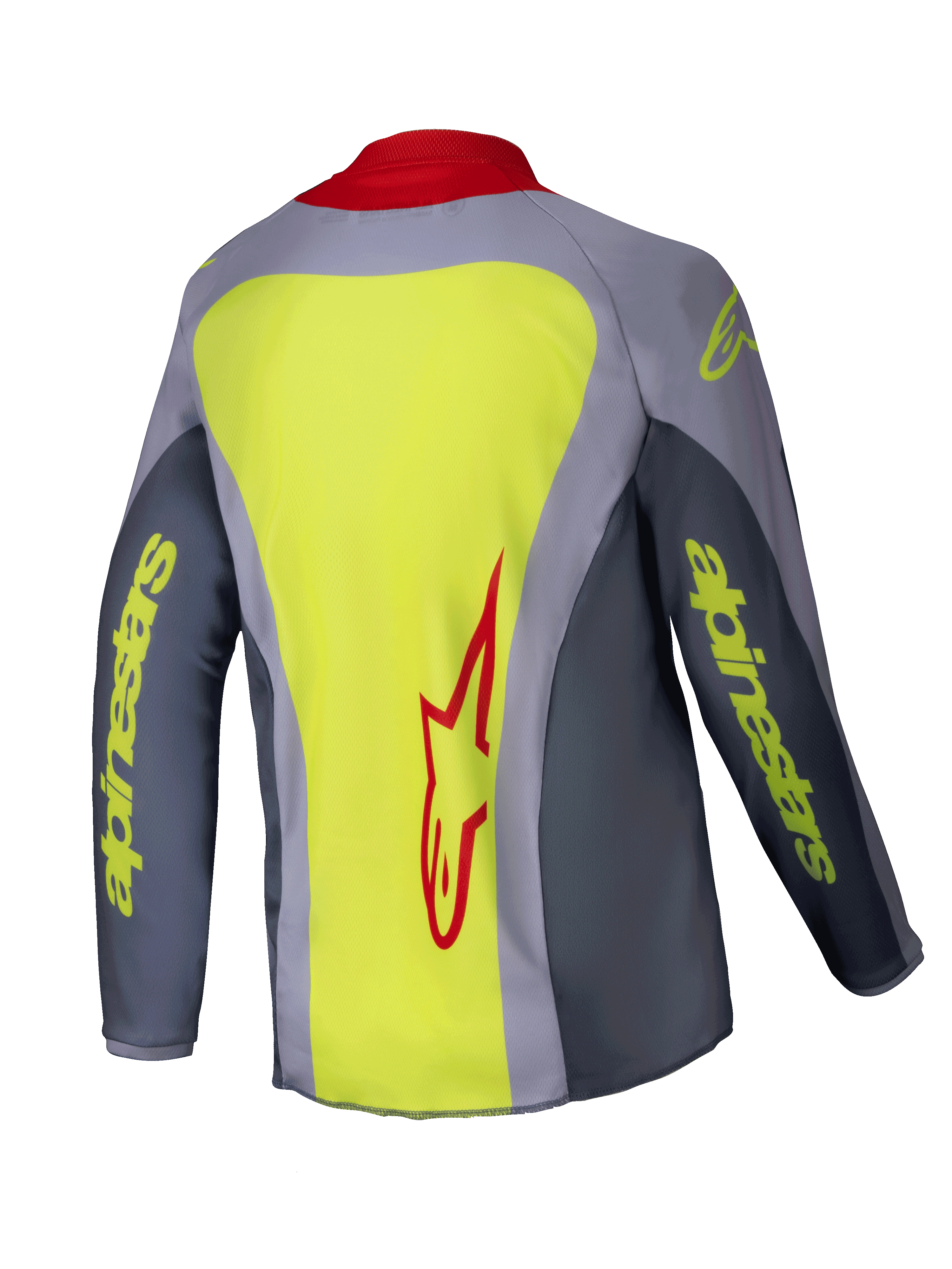 Alpinestars 2025 Youth Racer Melt Jersey, jersey de motocross juvenil, rojo brillante y gris con acentos en amarillo neón, vista posterior que muestra un gran panel amarillo neón con el logotipo de Alpinestars en rojo, mangas grises con letras amarillas y cuello rojo, prenda técnica ligera para carreras off-road