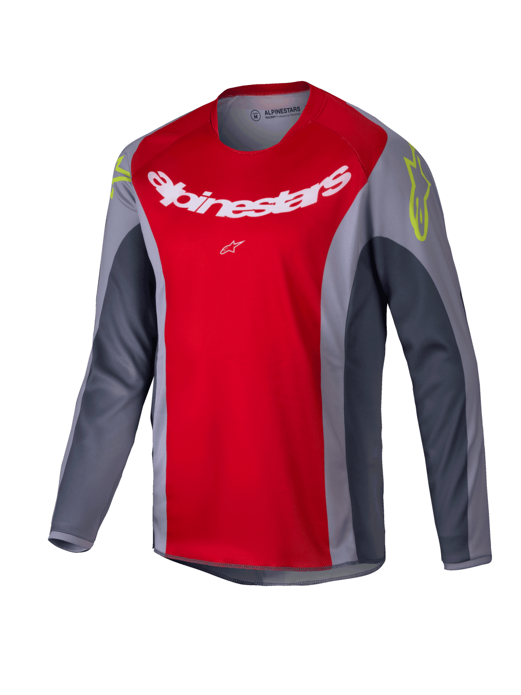 Alpinestars 2025 Youth Racer Melt Jersey, jersey de motocross juvenil, rojo brillante y gris, con un gran logotipo blanco en el pecho y detalles en amarillo neón en los hombros, tejido técnico de manga larga para conducción off-road
