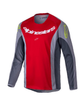 Alpinestars 2025 Youth Racer Melt Jersey, jersey de motocross juvenil, rojo brillante y gris, con un gran logotipo blanco en el pecho y detalles en amarillo neón en los hombros, tejido técnico de manga larga para conducción off-road
