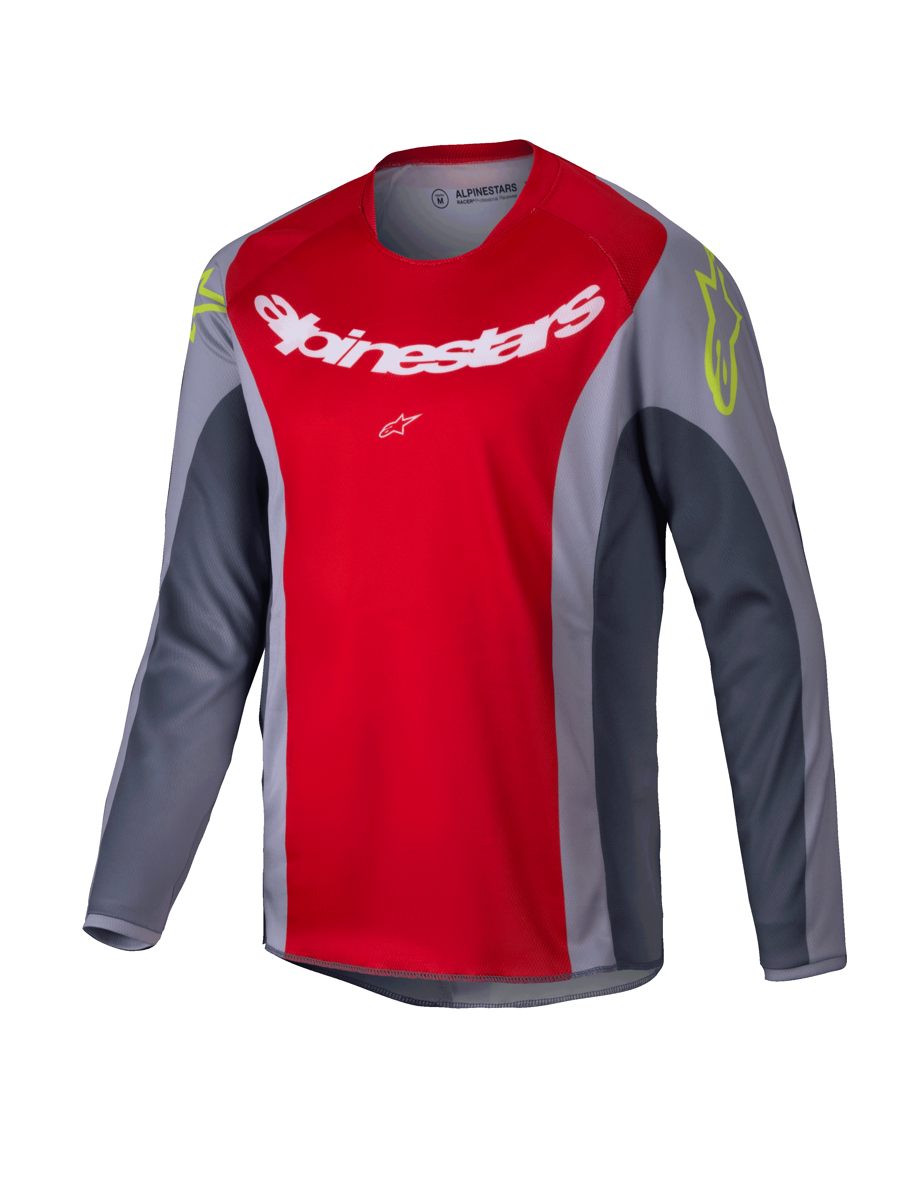 Alpinestars 2025 Youth Racer Melt Jersey, jersey de motocross juvenil, rojo brillante y gris, con un gran logotipo blanco en el pecho y detalles en amarillo neón en los hombros, tejido técnico de manga larga para conducción off-road