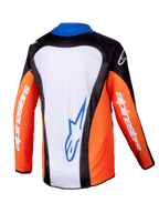 Alpinestars 2025 Youth Racer Melt Jersey, jersey de motocross juvenil, naranja, azul y blanco, vista trasera con panel posterior blanco y logo azul, mangas naranjas con logotipos blancos, diseño ergonómico para conducción off-road