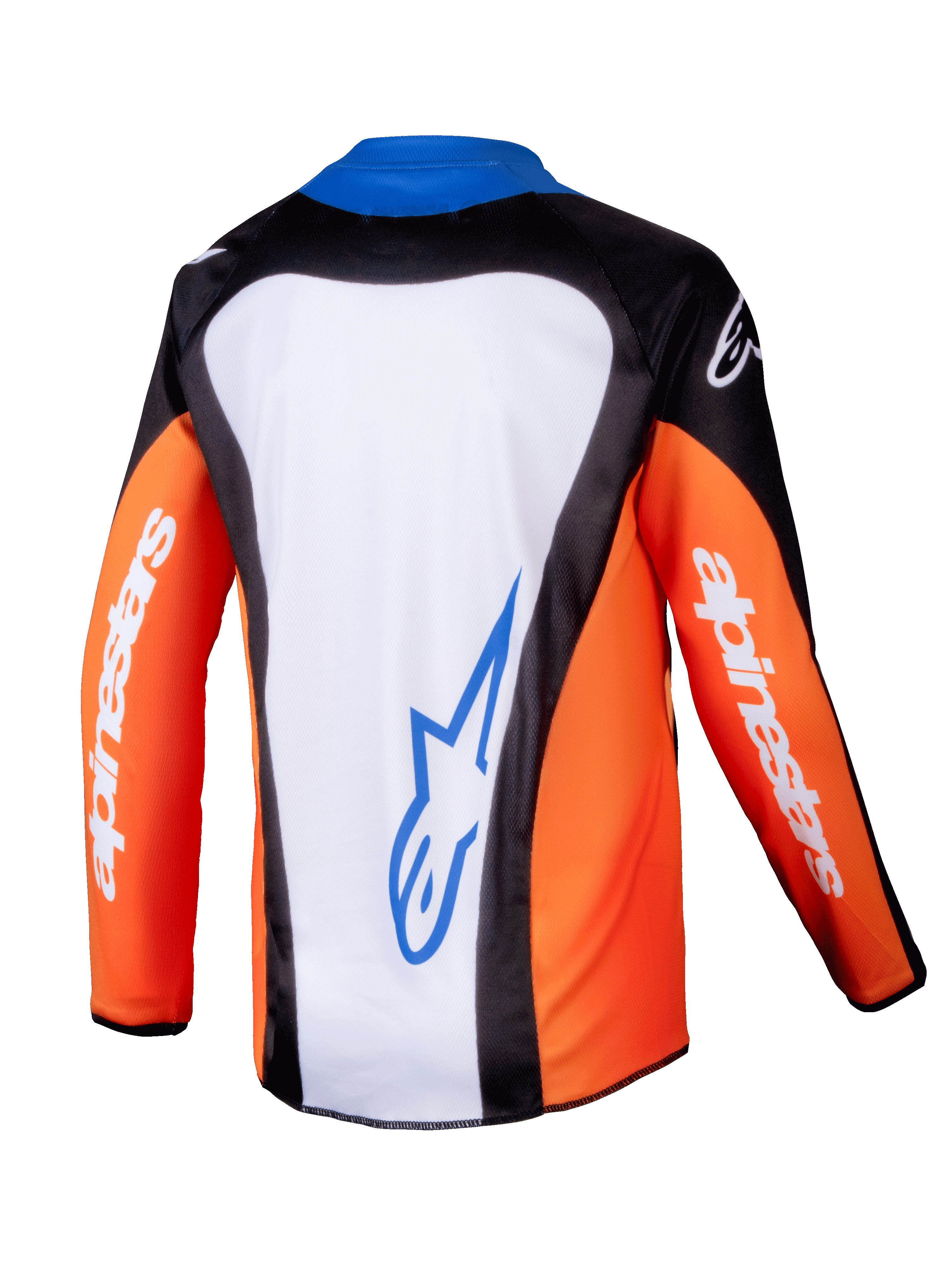 Alpinestars 2025 Youth Racer Melt Jersey, jersey de motocross juvenil, naranja, azul y blanco, vista trasera con panel posterior blanco y logo azul, mangas naranjas con logotipos blancos, diseño ergonómico para conducción off-road