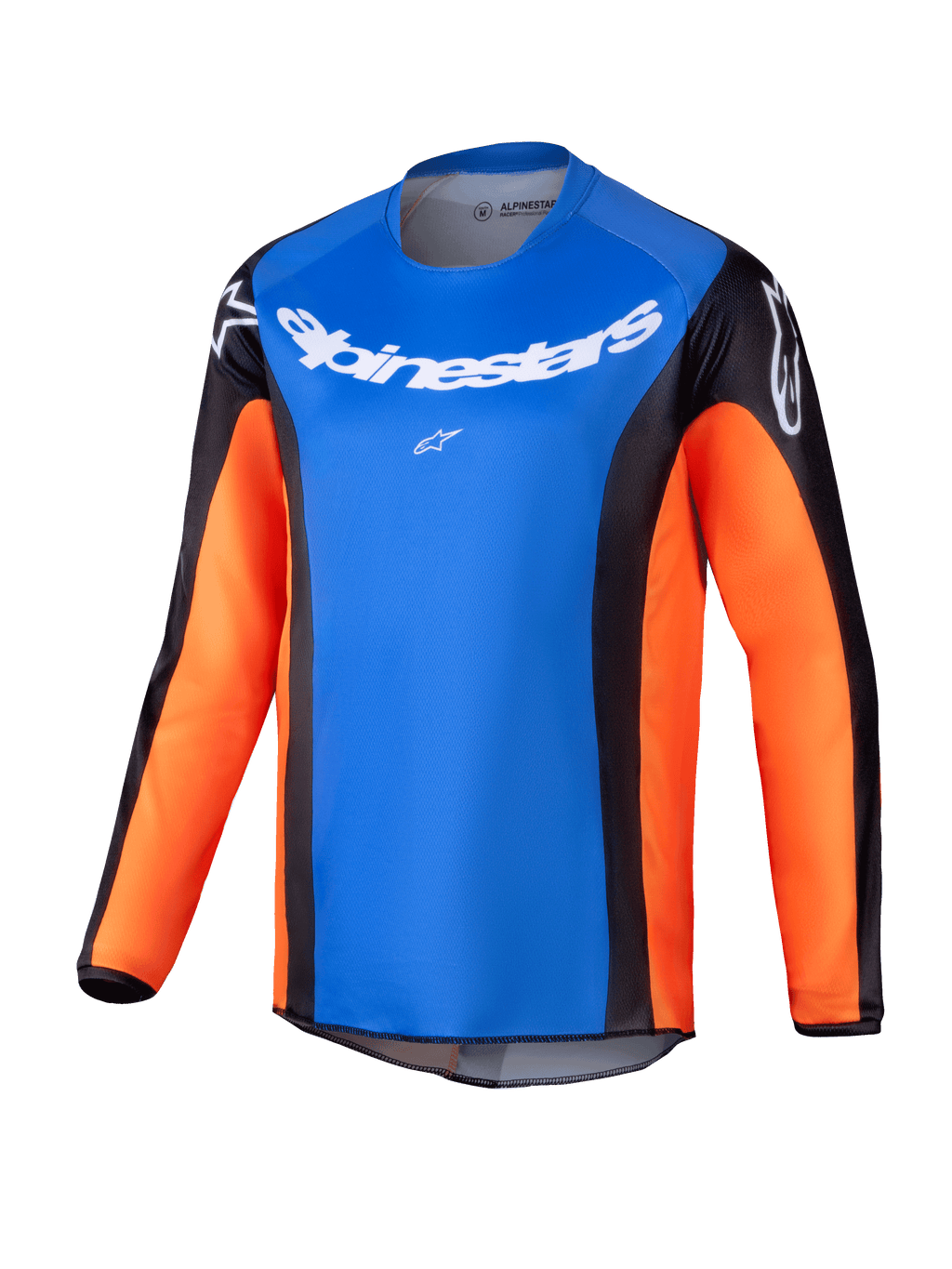 Alpinestars 2025 Youth Racer Melt Jersey, jersey de manga larga para motocross juvenil, pecho azul brillante con mangas naranjas y paneles laterales negros, logotipo de Alpinestars en blanco en el pecho y hombros, tejido ligero que absorbe la humedad para conducción todoterreno