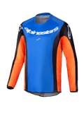 Alpinestars 2025 Youth Racer Melt Jersey, jersey de manga larga para motocross juvenil, pecho azul brillante con mangas naranjas y paneles laterales negros, logotipo de Alpinestars en blanco en el pecho y hombros, tejido ligero que absorbe la humedad para conducción todoterreno