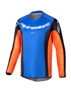 Alpinestars 2025 Youth Racer Melt Jersey, jersey de manga larga para motocross juvenil, pecho azul brillante con mangas naranjas y paneles laterales negros, logotipo de Alpinestars en blanco en el pecho y hombros, tejido ligero que absorbe la humedad para conducción todoterreno