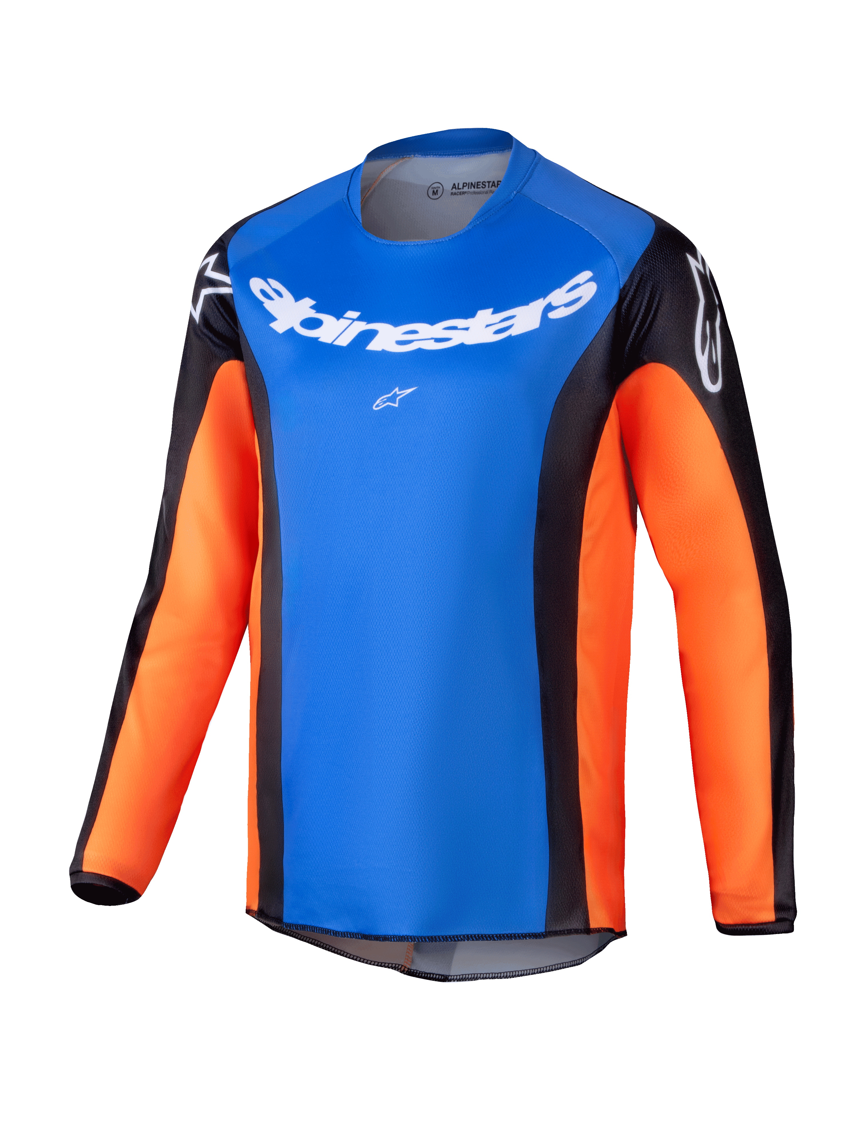 Alpinestars 2025 Youth Racer Melt Jersey, jersey de manga larga para motocross juvenil, pecho azul brillante con mangas naranjas y paneles laterales negros, logotipo de Alpinestars en blanco en el pecho y hombros, tejido ligero que absorbe la humedad para conducción todoterreno