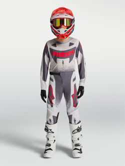 Alpinestars 2027 Youth Supertech Swan Jersey and Gear Set, gray and white motocross racing outfit with red accents.