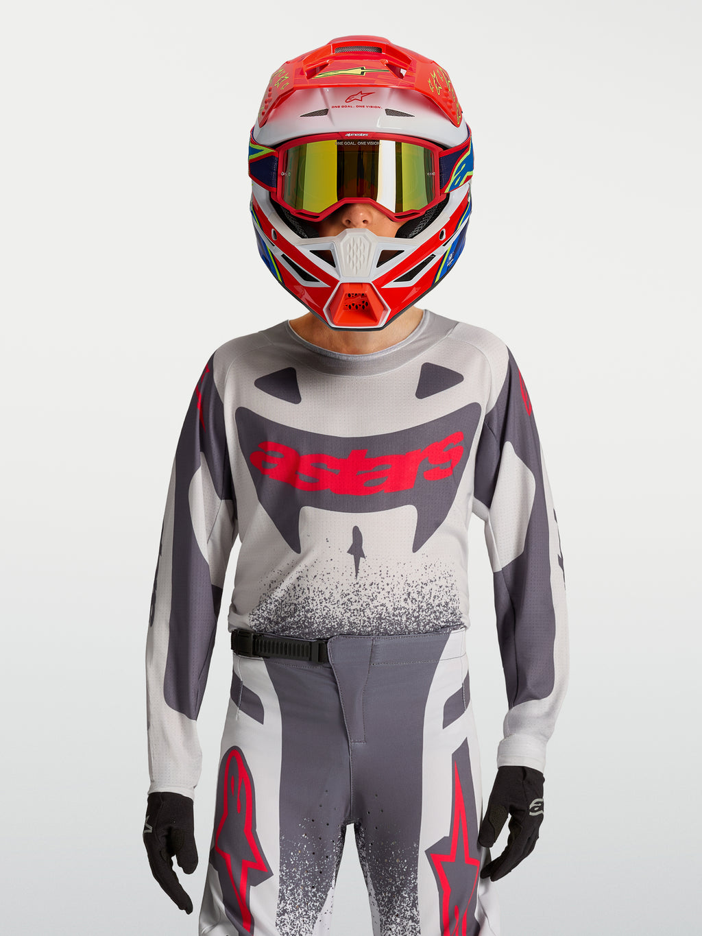 Alpinestars Youth Supertech Swan, jersey y conjunto de motocross juvenil, gris y rojo fluo, malla elástica transpirable.