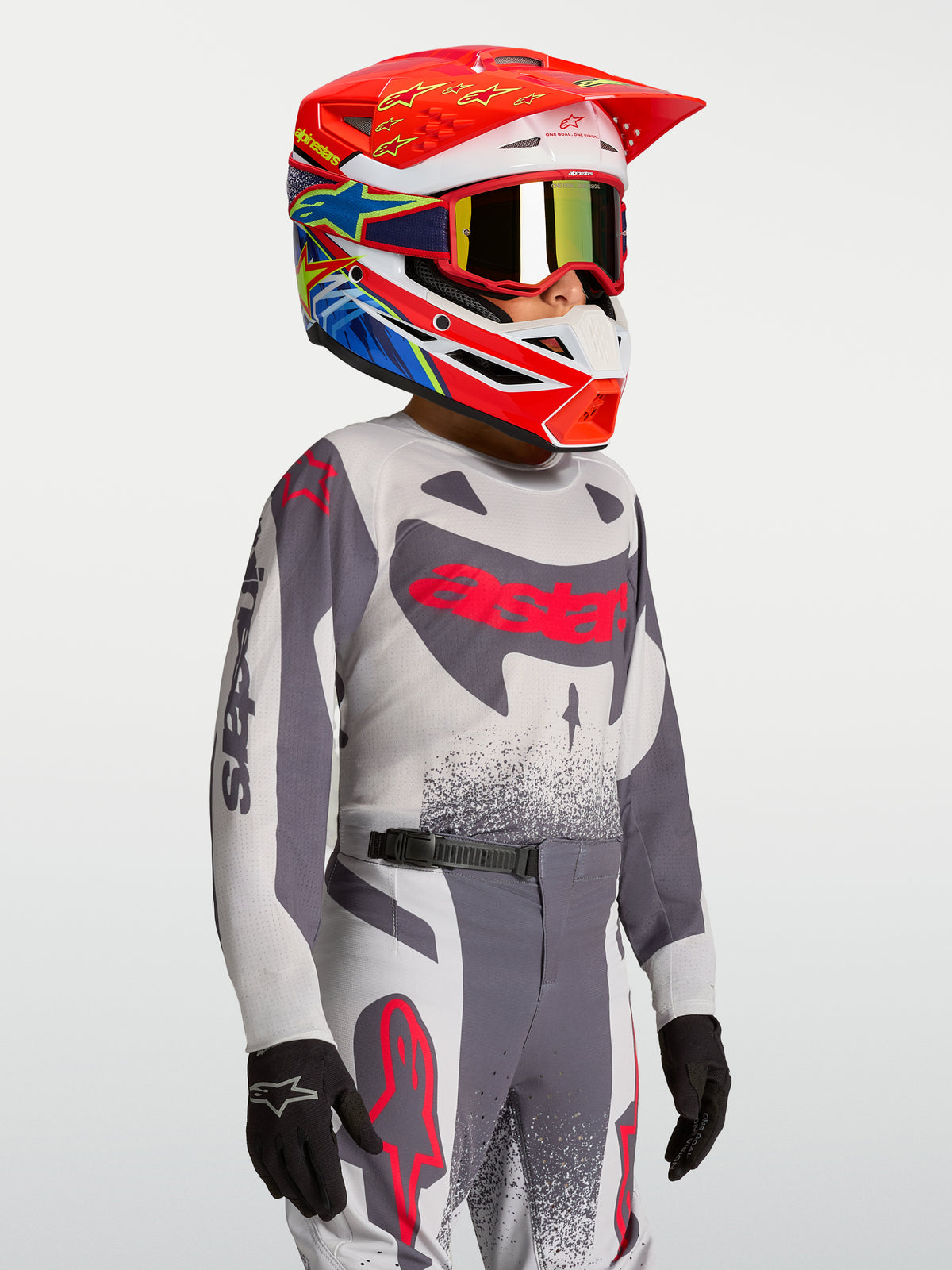 Alpinestars jersey Supertech Swan juvenil 2027 y conjunto de motocross, gris y rojo, equipo de carreras para pilotos jóvenes