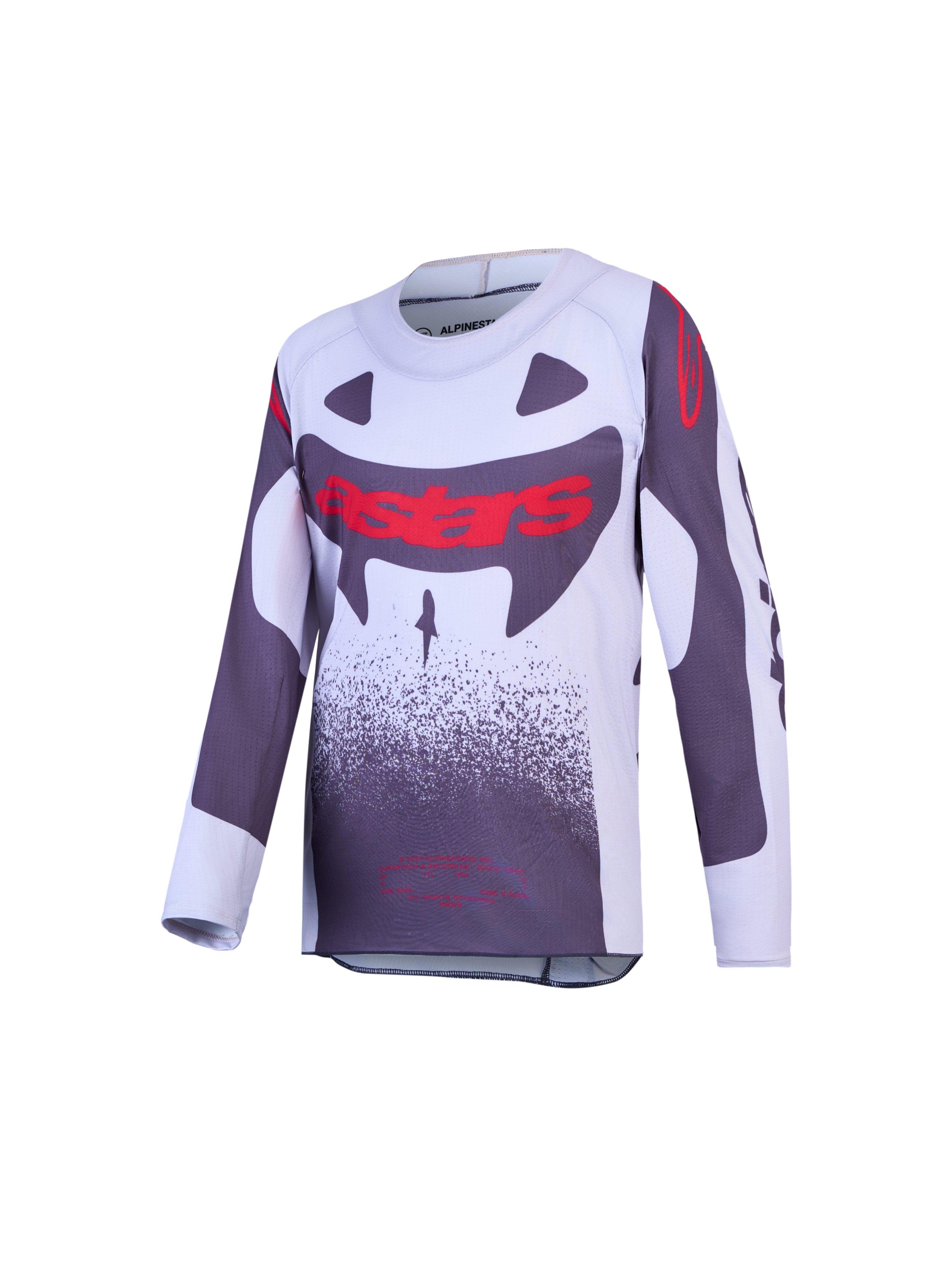 Alpinestars Youth Supertech Swan, jersey de motocross juvenil, gris y blanco con gráficos rojos, de malla elástica ligera.