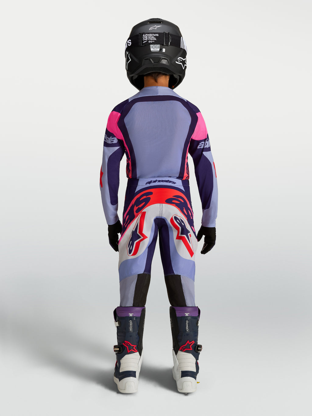 Alpinestars Supertech Dyna Juvenil, conjunto de motocross morado y rosa, jersey de malla elástica ligera para jóvenes pilotos.