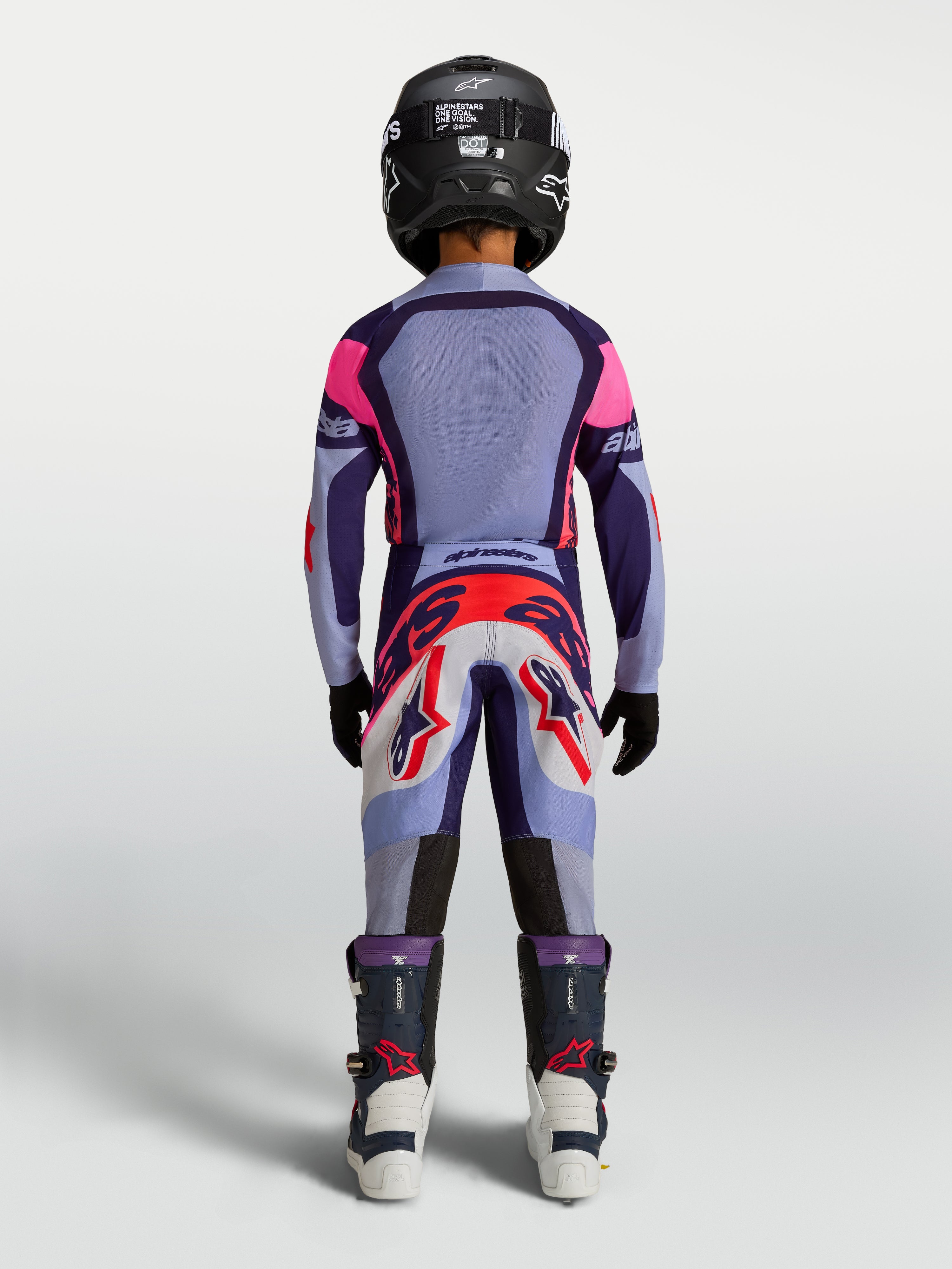 Alpinestars Supertech Dyna Juvenil, conjunto de motocross morado y rosa, jersey de malla elástica ligera para jóvenes pilotos.