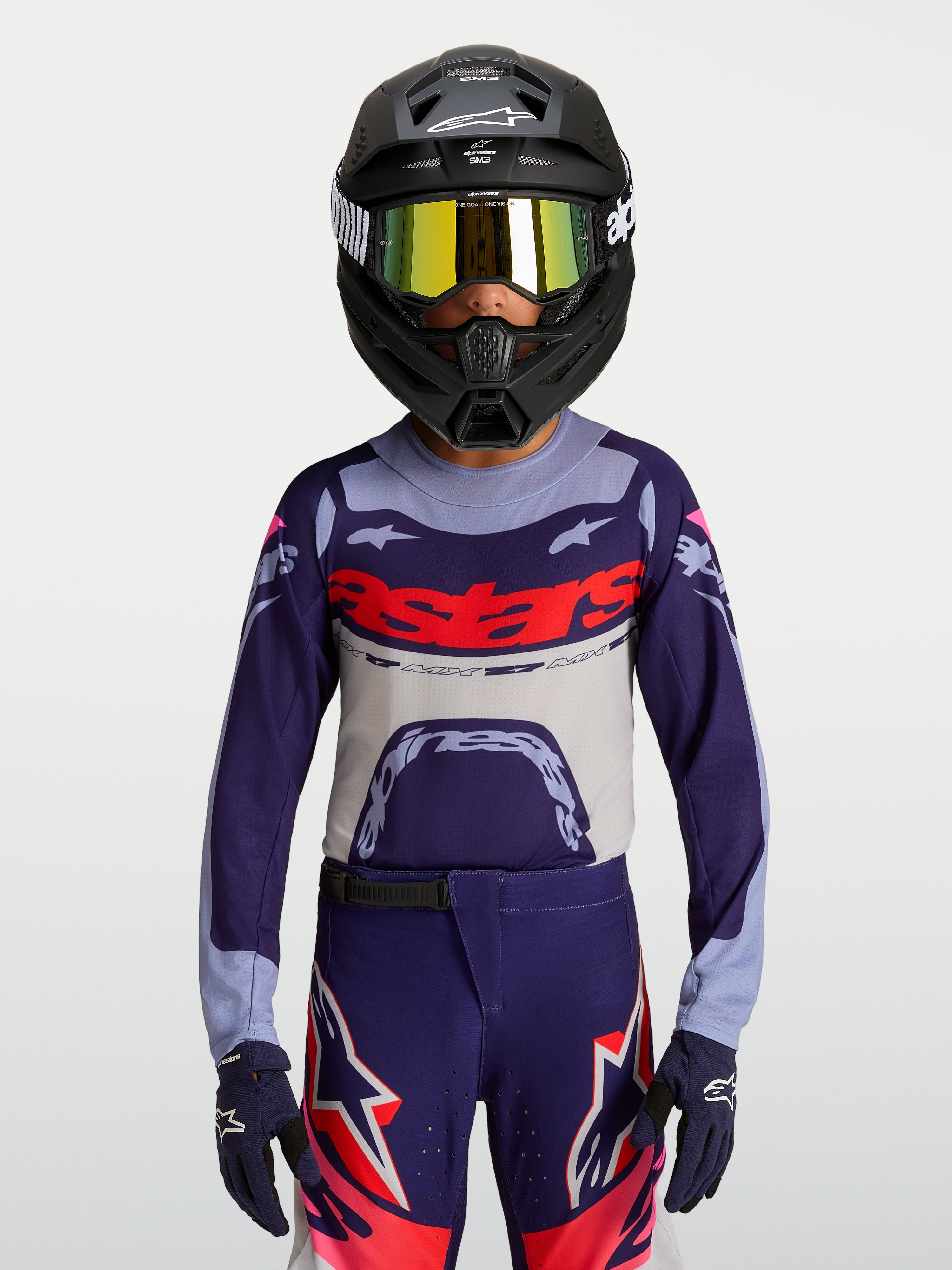 Alpinestars jersey Supertech Dyna juvenil, jersey de motocross morado y gris con ajuste de competición y malla transpirable