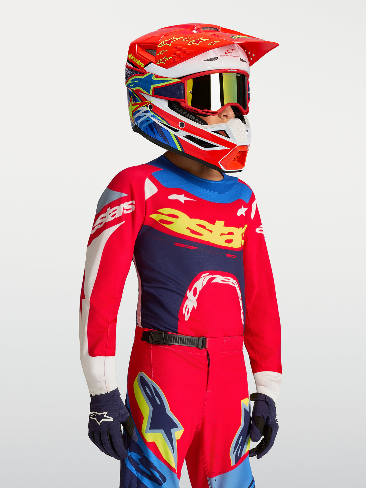 Jersey Supertech Dyna juvenil de Alpinestars, equipo de motocross rojo y azul marino, malla técnica ligera de competición.