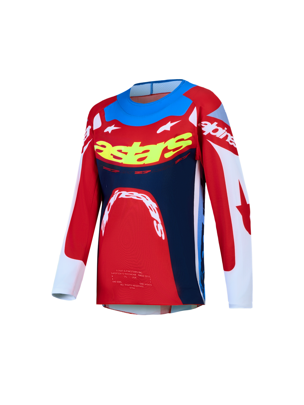Alpinestars Jersey Supertech Dyna Juvenil 2027, jersey de motocross, rojo, blanco y azul marino, malla elástica transpirable