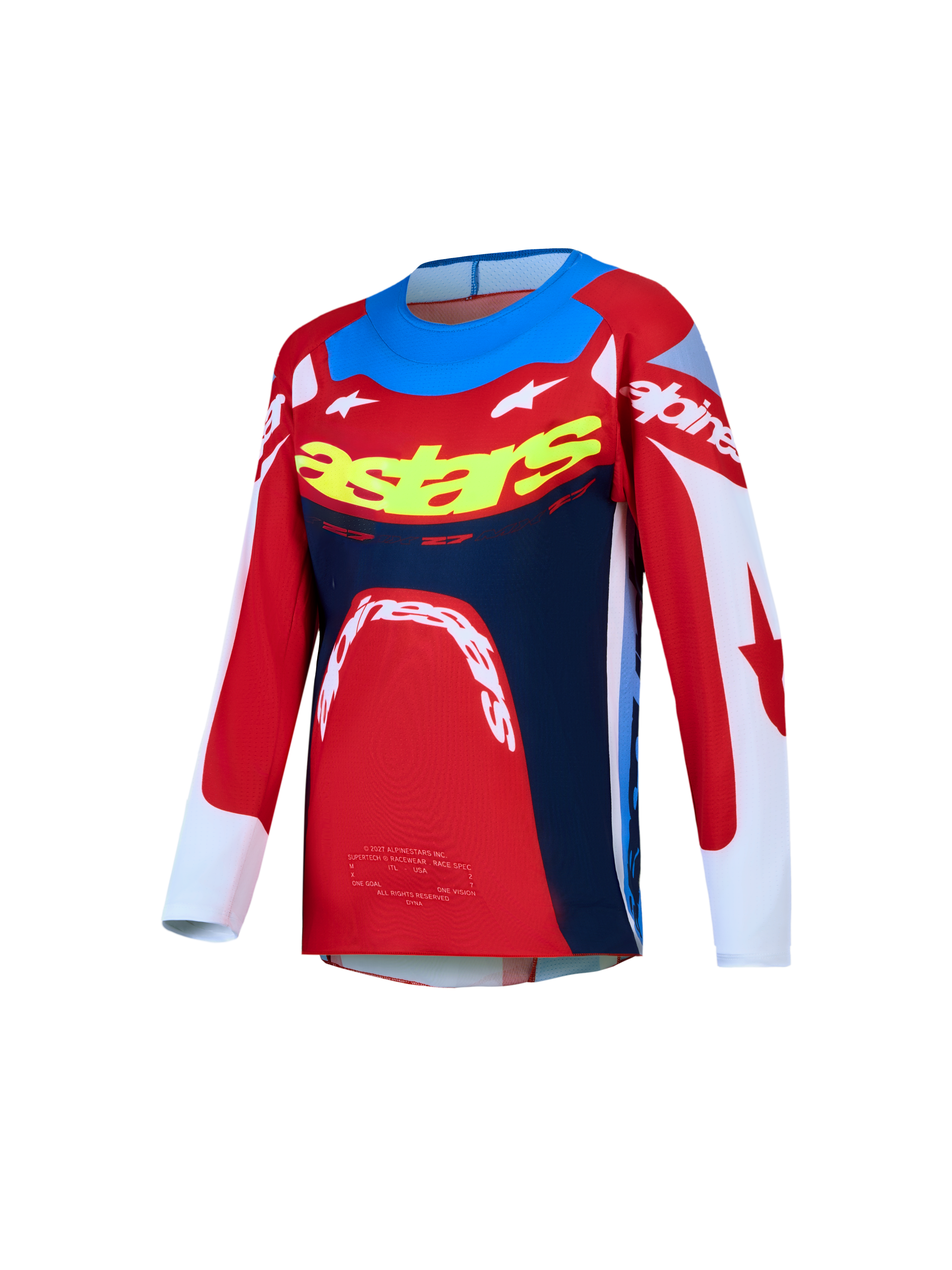Alpinestars Jersey Supertech Dyna Juvenil 2027, jersey de motocross, rojo, blanco y azul marino, malla elástica transpirable