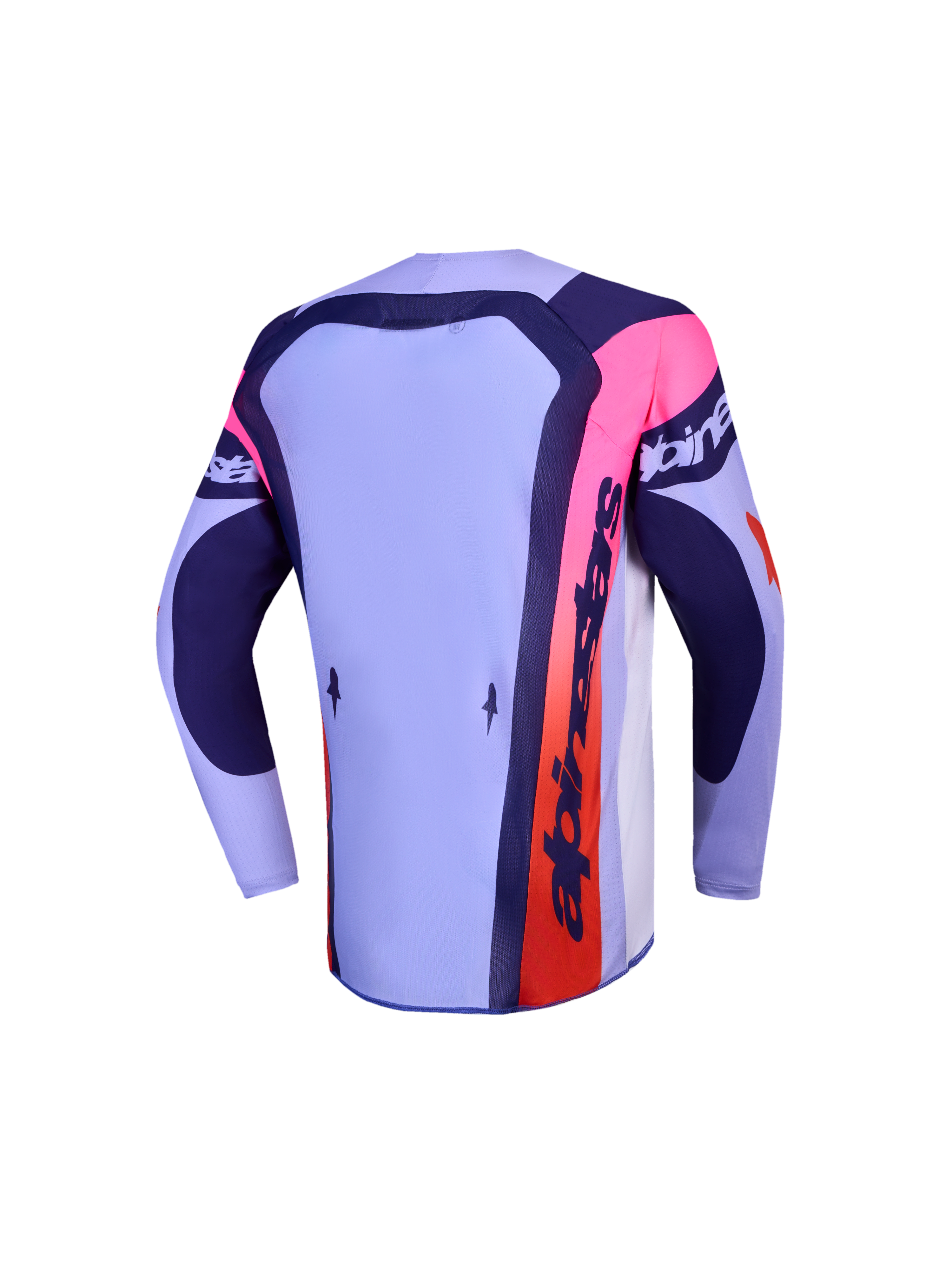 Alpinestars Youth Supertech Dyna, jersey de motocross juvenil, lila y azul marino con detalles rosa, vista trasera.
