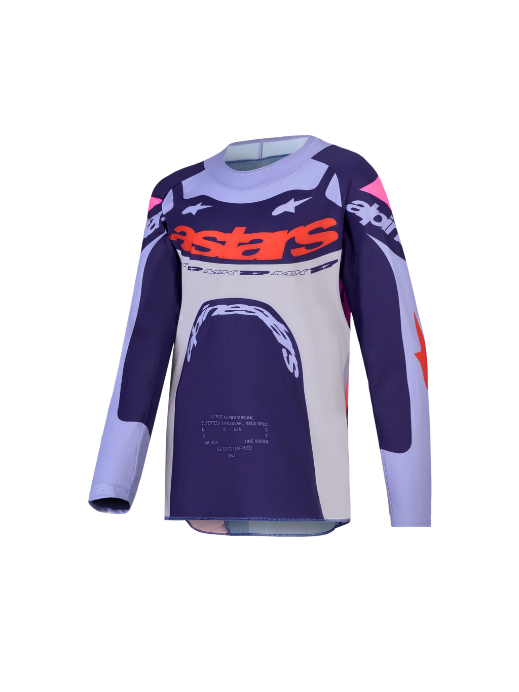 Jersey Alpinestars Supertech Dyna Juvenil 2027, para motocross, morado y rosa flúor, confeccionado con malla elástica ventilada