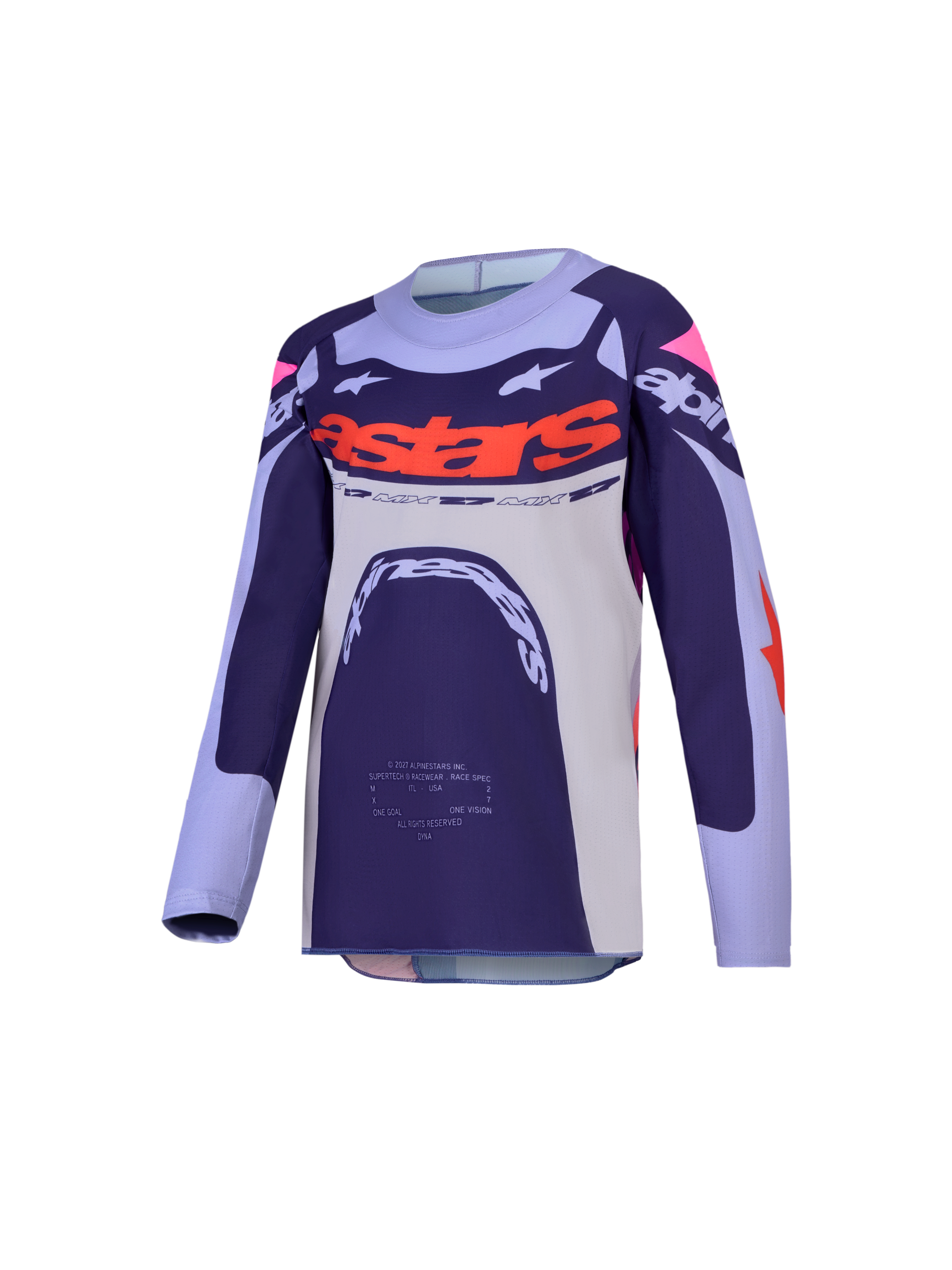 Jersey Alpinestars Supertech Dyna Juvenil 2027, para motocross, morado y rosa flúor, confeccionado con malla elástica ventilada