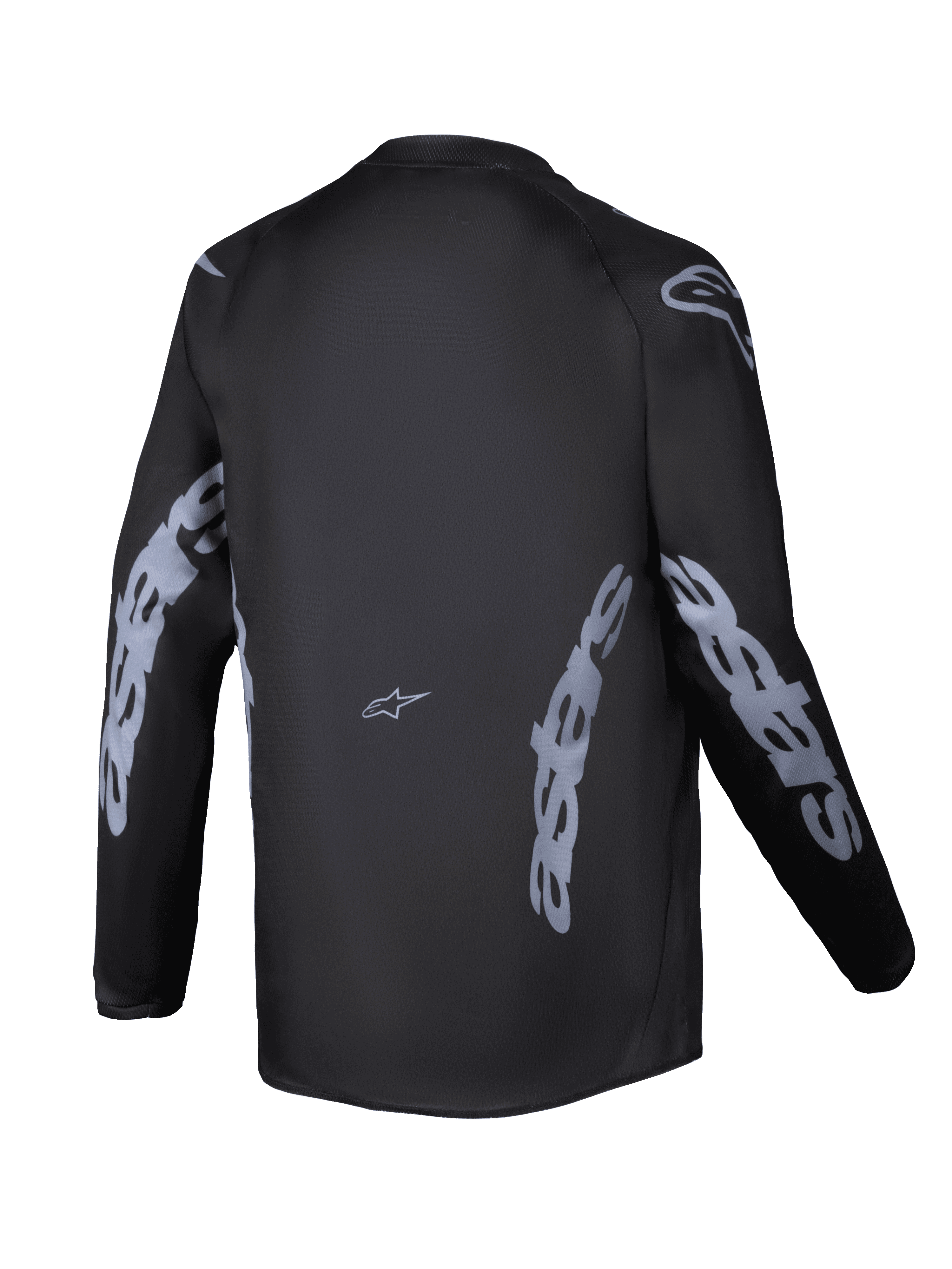 Alpinestars 2025 Youth Racer Graphite Jersey, vista posterior, negro y gris, jersey de motocross de manga larga con la marca Alpinestars en gris en las mangas y los laterales, tejido que absorbe la humedad con un corte trasero más largo para la conducción off-road