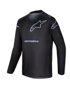 Alpinestars 2025 Youth Racer Graphite Jersey, camiseta de motocross de manga larga para jóvenes, negra y gris con logo de estrella y nombre de la marca en gris, equipamiento ligero de alto rendimiento para conducción off-road juvenil
