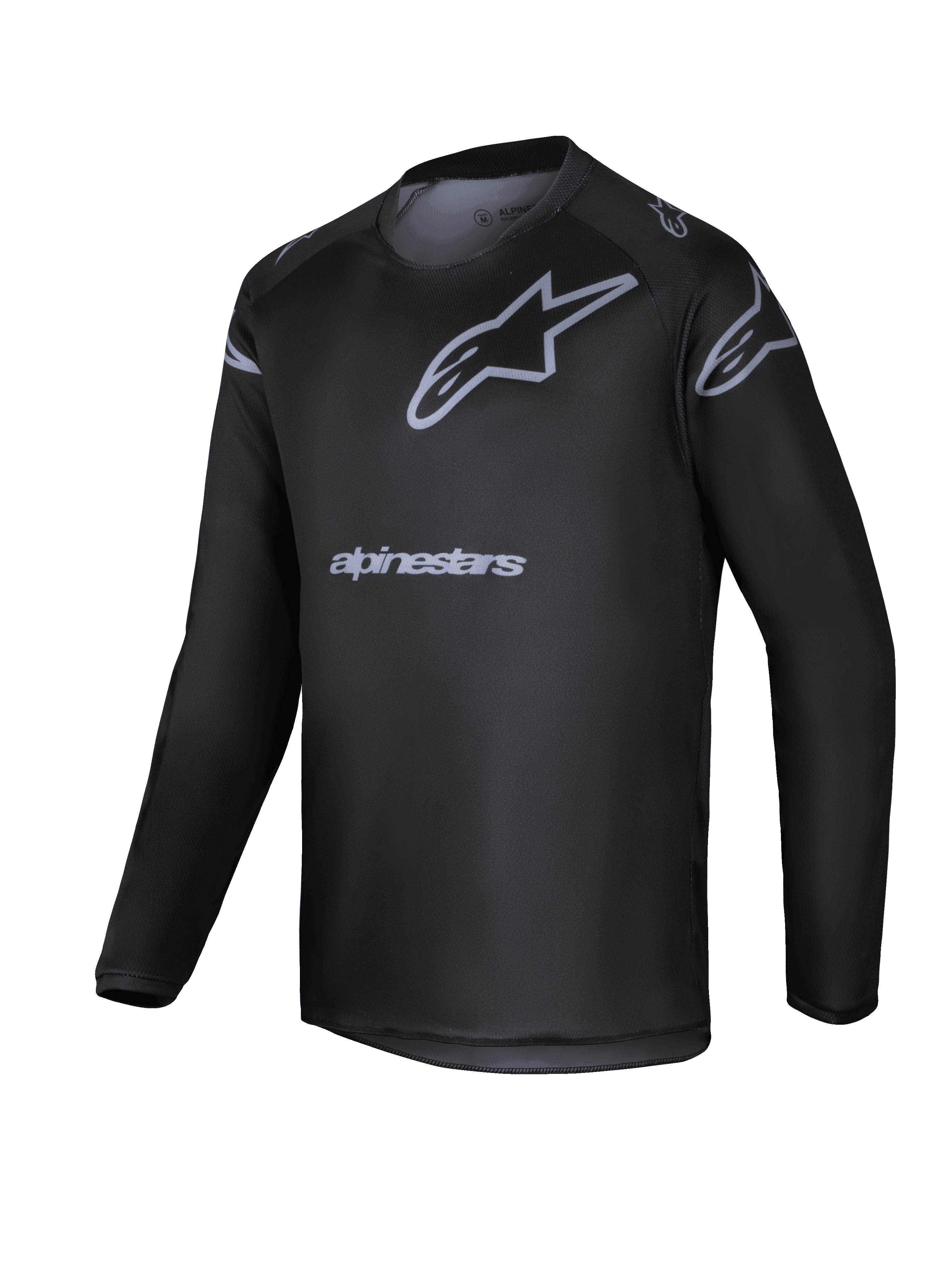 Alpinestars 2025 Youth Racer Graphite Jersey, camiseta de motocross de manga larga para jóvenes, negra y gris con logo de estrella y nombre de la marca en gris, equipamiento ligero de alto rendimiento para conducción off-road juvenil